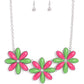 Paparazzi Accessories - Bodacious Bouquet - Green Necklaces dotted with white rhinestone centers, an elongated assortment of Classic Green and Pink Peacock beaded flowers link below the collar for a playful pop of color. Features an adjustable clasp closure.  Sold as one individual necklace. Includes one pair of matching earrings.