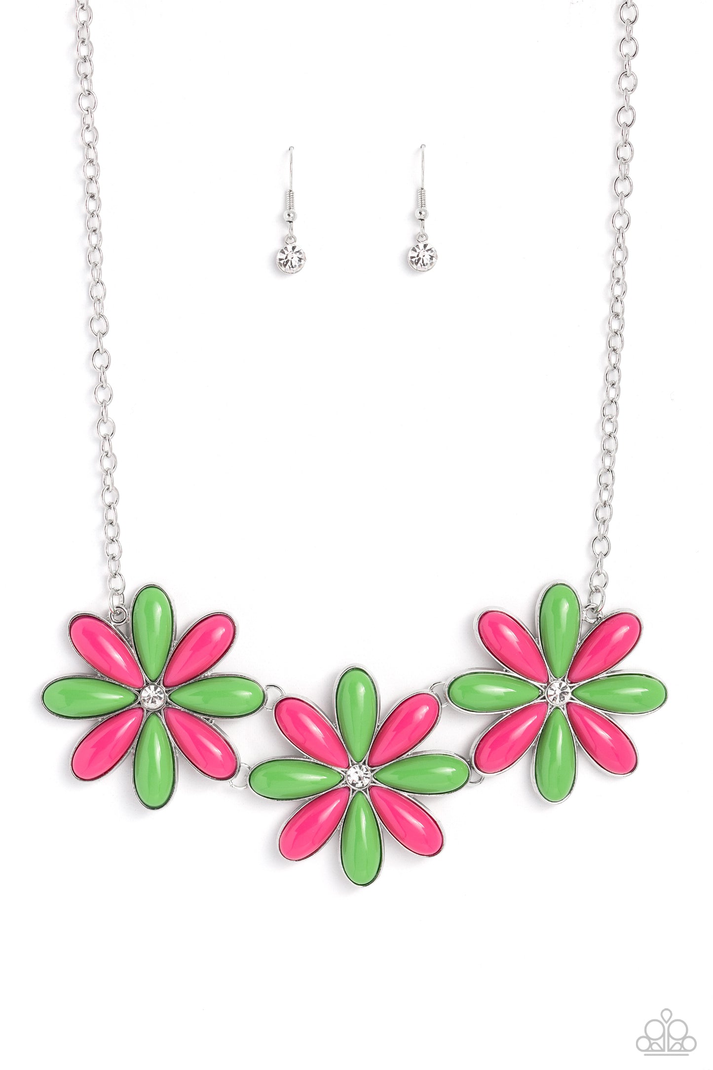 Paparazzi Accessories - Bodacious Bouquet - Green Necklaces dotted with white rhinestone centers, an elongated assortment of Classic Green and Pink Peacock beaded flowers link below the collar for a playful pop of color. Features an adjustable clasp closure.  Sold as one individual necklace. Includes one pair of matching earrings.