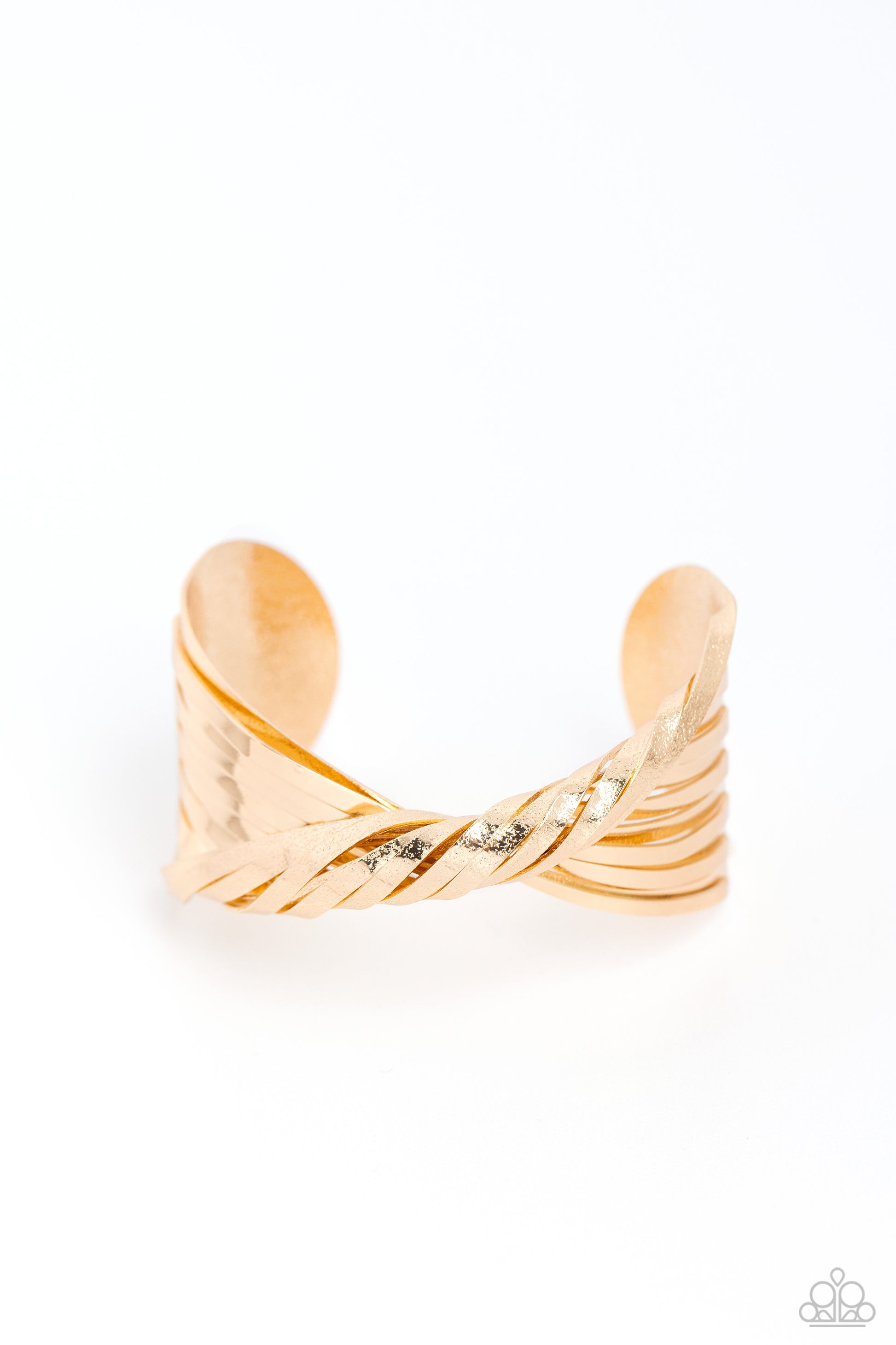 Paparazzi Accessories - Radiant Ribbons - Gold Necklaces featuring sections of glistening hammered surfaces, high-sheen gold ribbons curl across the center of the wrist in a crisscross motion, coalescing into an intense industrial cuff.  Sold as one individual bracelet.