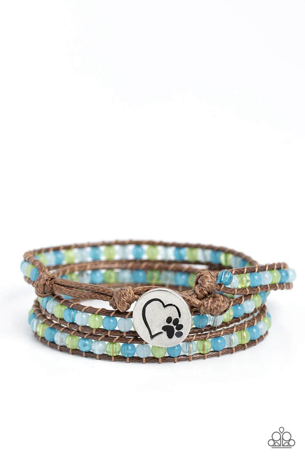 Paparazzi Accessories - PAW-sitive Thinking - Blue Bracelets infused with an antiqued heart and pawprint embossed button, a row of blue and green multicolored cloudy and milky beads are knotted in place along two brown leather cords, creating multiple earthy layers around the wrist with its extended length. Features an adjustable button loop closure.  Sold as one individual bracelet.