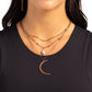 Paparazzi Accessories - Lunar Landslide - Copper Necklaces three dainty copper chains delicately layer below the collar. Antiqued copper links form the uppermost chain, while a turquoise stone teardrop bead rests amidst copper studs on the centermost chain. A copper crescent moon pendant swings from the bottom of the display for a mystical finish. Features an adjustable clasp closure. As the stone elements in this piece are natural, some color variation is normal.  Sold as one individual necklace.
