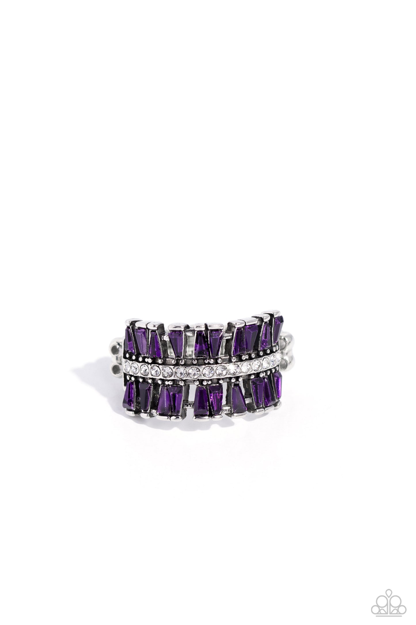 Paparazzi Accessories - Staggering Stacks - Purple Rings staggered rows of emerald-cut purple rhinestones flare out from the top and bottom of a row of classic white rhinestones, creating a smoldering statement piece atop the finger. Features a stretchy band for a flexible fit. Sold as one individual ring.