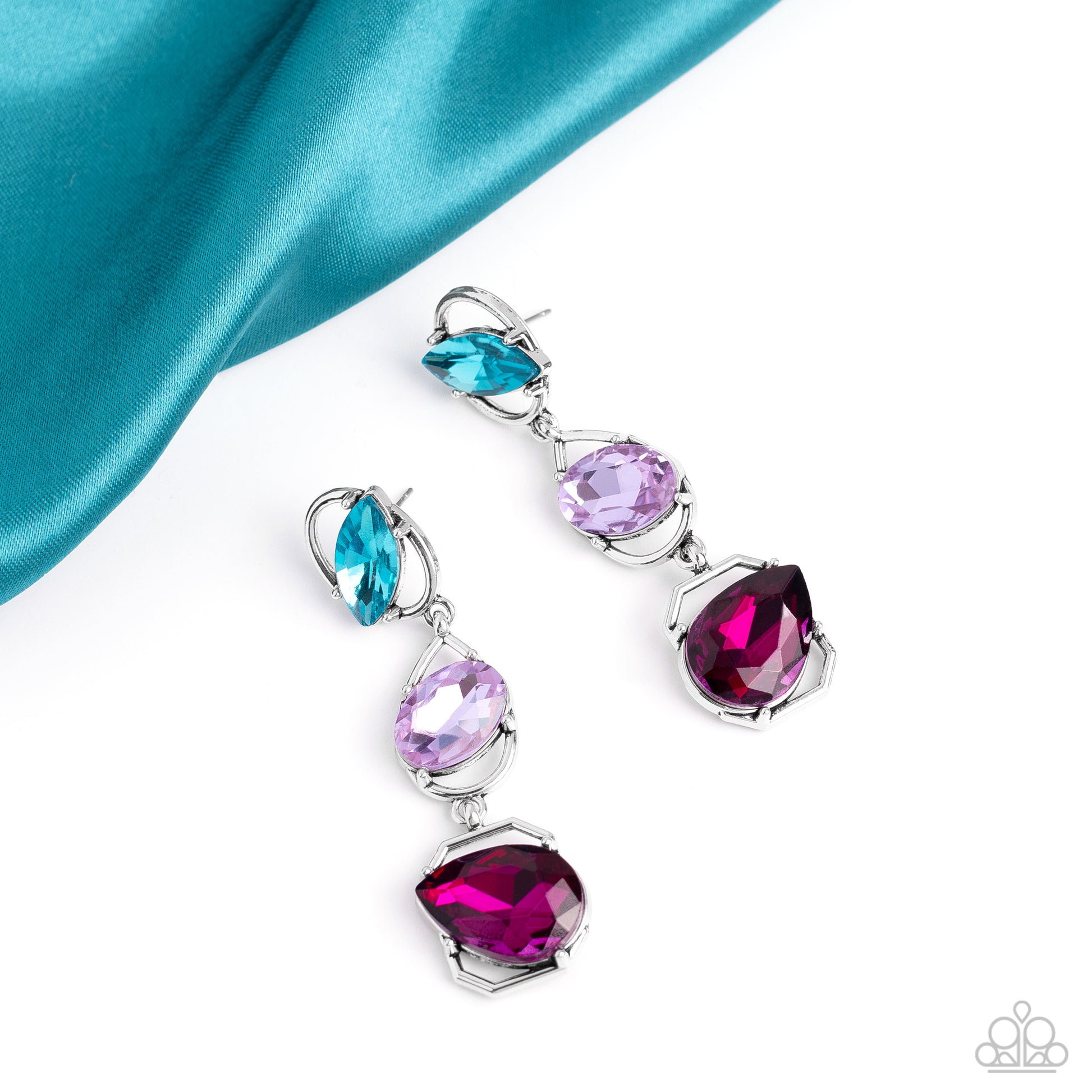 Paparazzi Accessories - Dimensional Dance - Multi Earrings linking together to create a geometric lure, a sleek silver oval, teardrop, and emerald-cut frame cascade down the ear. Slanted sideways in pronged settings across each frame, a fuchsia teardrop, purple oval-cut, and aquamarine marquise-cut gem create a gorgeous pop of color against the thin edgy frames. Earring attaches to a standard post fitting.  Sold as one pair of post earrings.