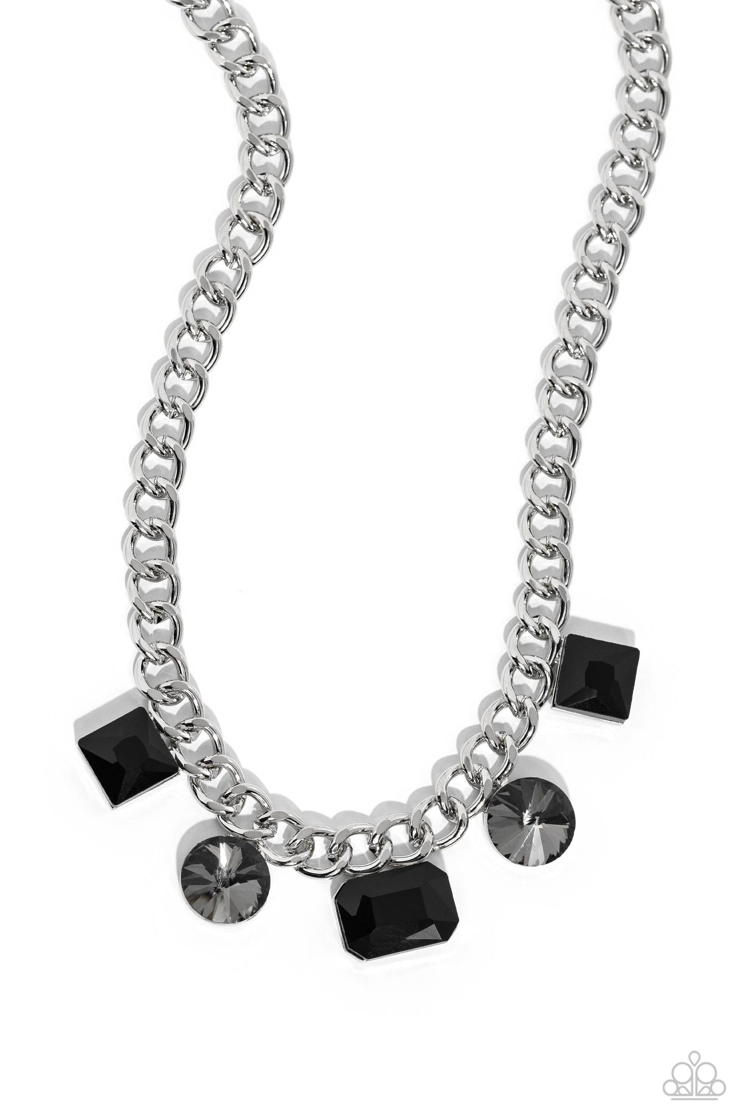 Paparazzi Accessories - Alternating Audacity - Black Necklaces featuring black and smoky finishes, a collection of geometric gems in sleek silver fittings adorns the center of a thick silver chain for a refined finish. Features an adjustable clasp closure.  Sold as one individual necklace. Includes one pair of matching earrings.