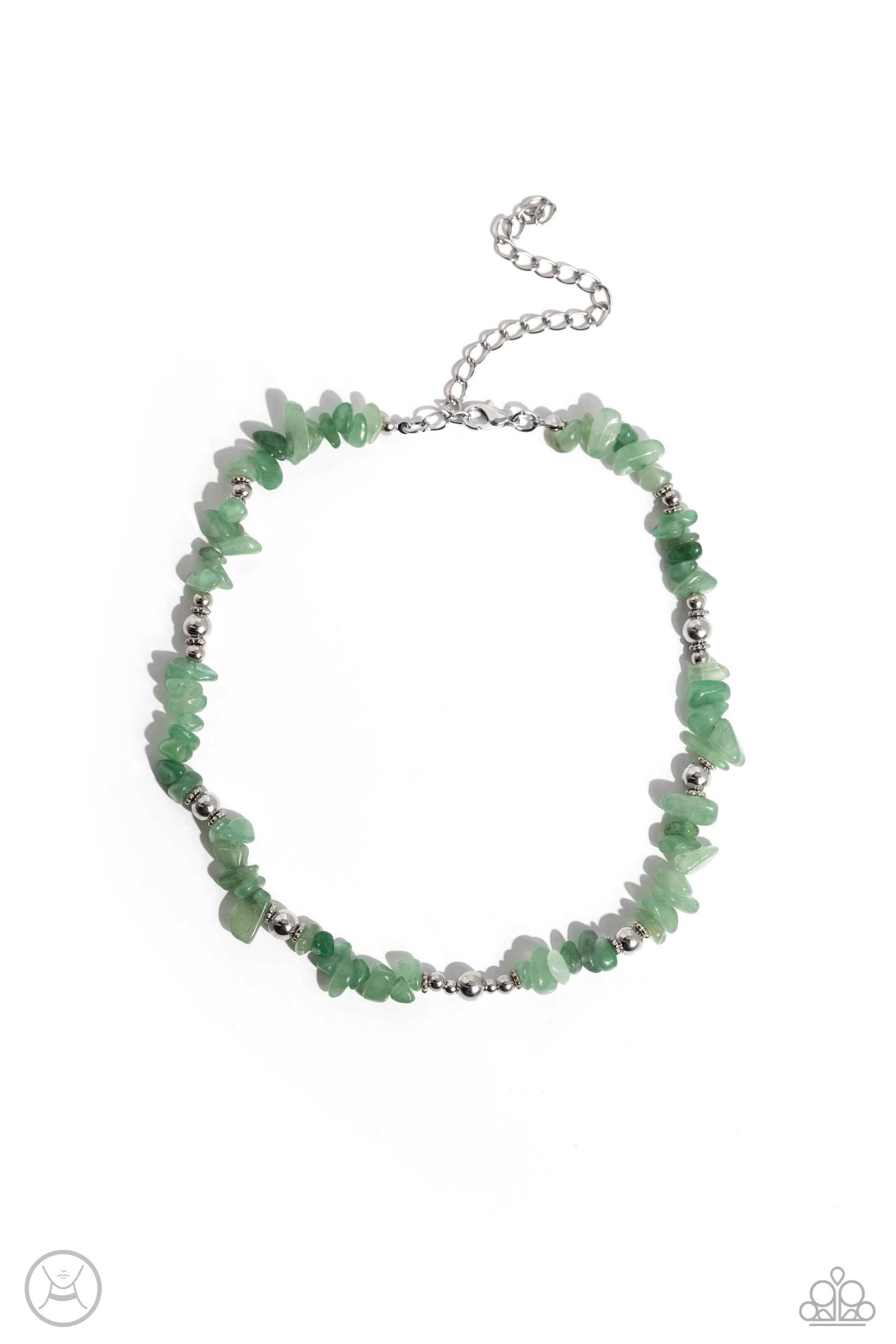 Paparazzi Accessories - Carved Confidence - Green Necklaces infused along an invisible string, a chiseled collection of jade stones and various silver beads wrap around the collar for an earthy pop of color. Features an adjustable clasp closure. As the stone elements in this piece are natural, some color variation is normal.  Sold as one individual choker necklace. Includes one pair of matching earrings.