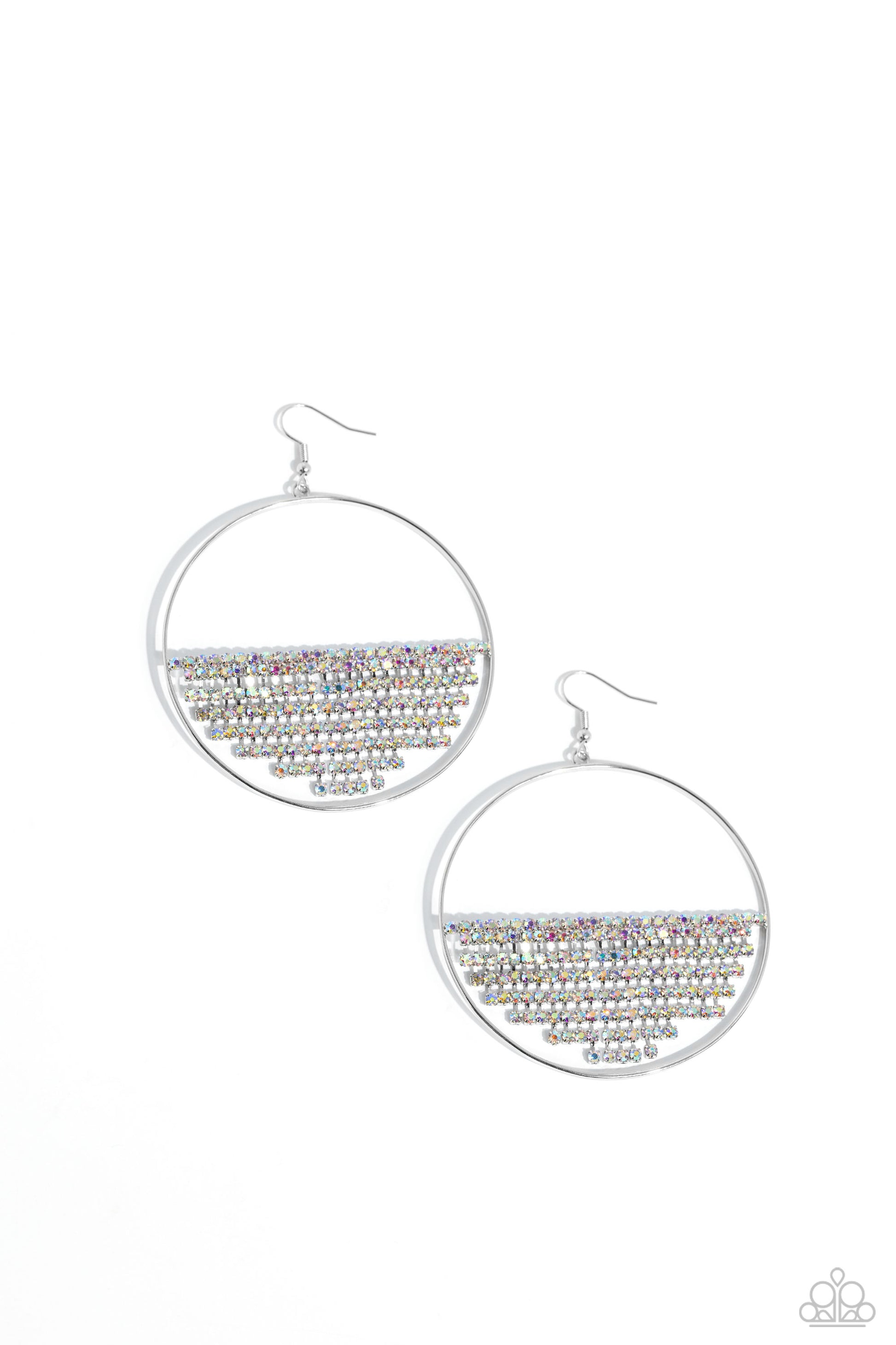 Paparazzi Accessories - Fierce Fringe - Multi Earrings a curtain of iridescent rhinestones is stretched between the edges of a skinny, oversized silver hoop, creating a shimmering display. The rhinestones taper towards the center as they sway and cascade, adding sparkly movement for a fierce industrial finish. Earring attaches to a standard fishhook fitting. Due to its prismatic palette, color may vary.  Sold as one pair of earrings.