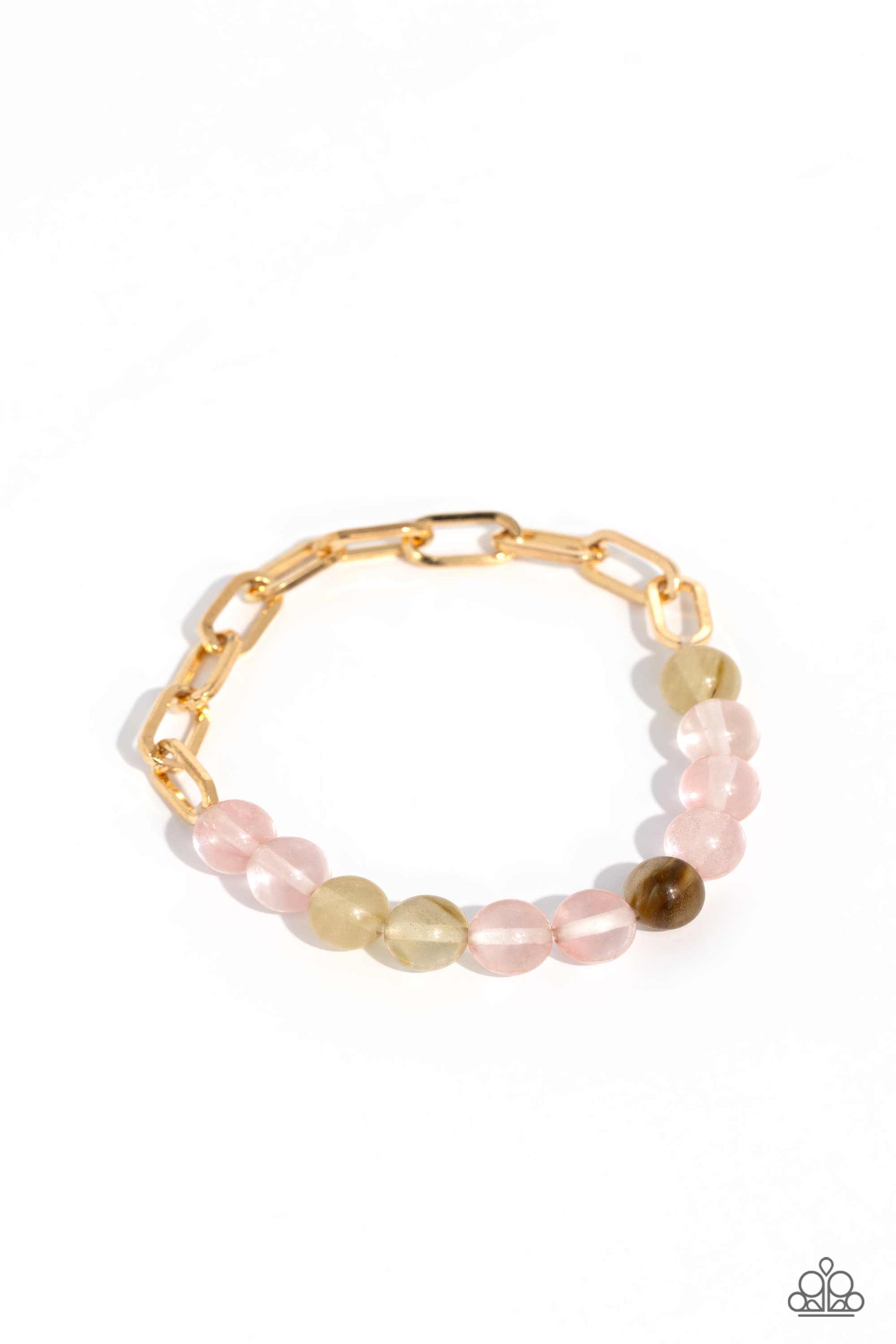 Paparazzi Accessories - Energetic Edge - Pink Bracelet a strand of gold paperclip chain collides with glassy pink stone beads in various hues along a stretchy band to create a seasonally urban statement. As the stone elements in this piece are natural, some color variation is normal.  Sold as one individual bracelet.