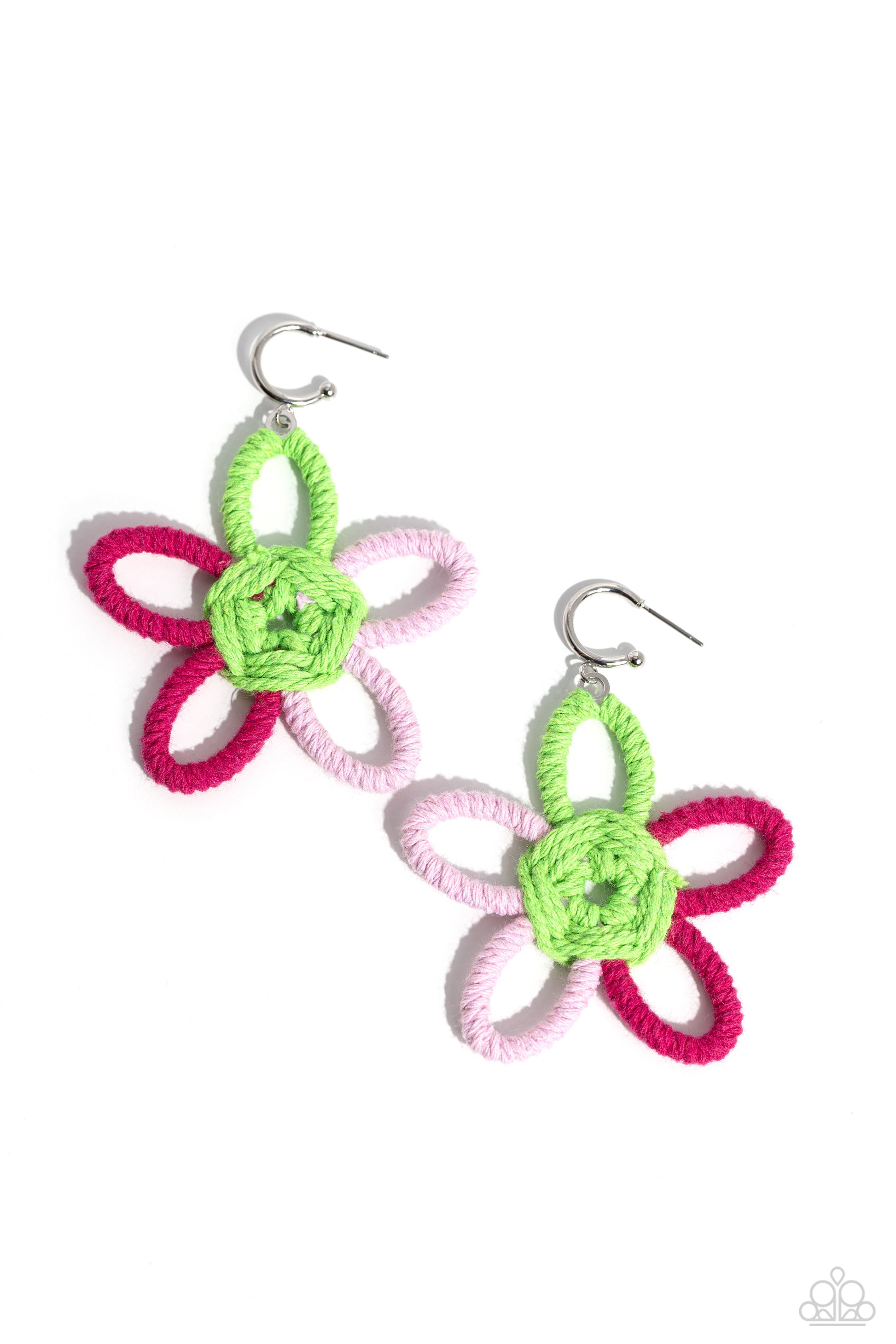 Paparazzi Accessories - Spin a Yarn - Pink Earrinyarfeaturing Kohlrabi, light pink, and Pink Peacock yarn, an oversized flower swings freely from a dainty silver hoop, creating a playful lure. Earring attaches to a standard post fitting. Hoop measures approximately 1/2" in diameter.  Sold as one pair of hoop earrings.