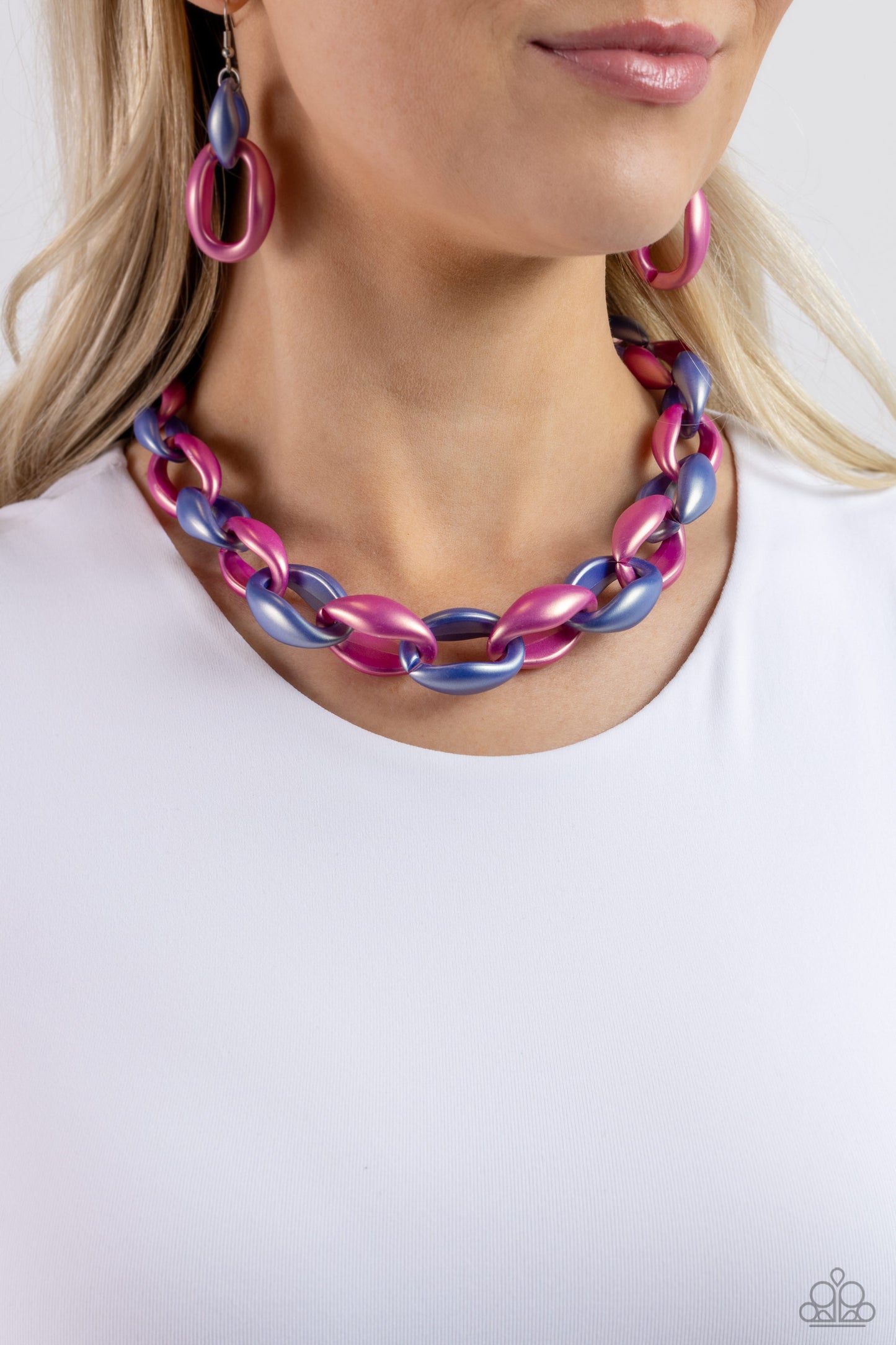 Paparazzi Accessories - Statement Season - Multi Necklace Persian Jewel and Rose Violet concaved hoops gradually increase in size as they elongate towards the middle of the neckline for a colorful combination. Features an adjustable clasp closure.  Sold as one individual necklace. Includes one pair of matching earrings.