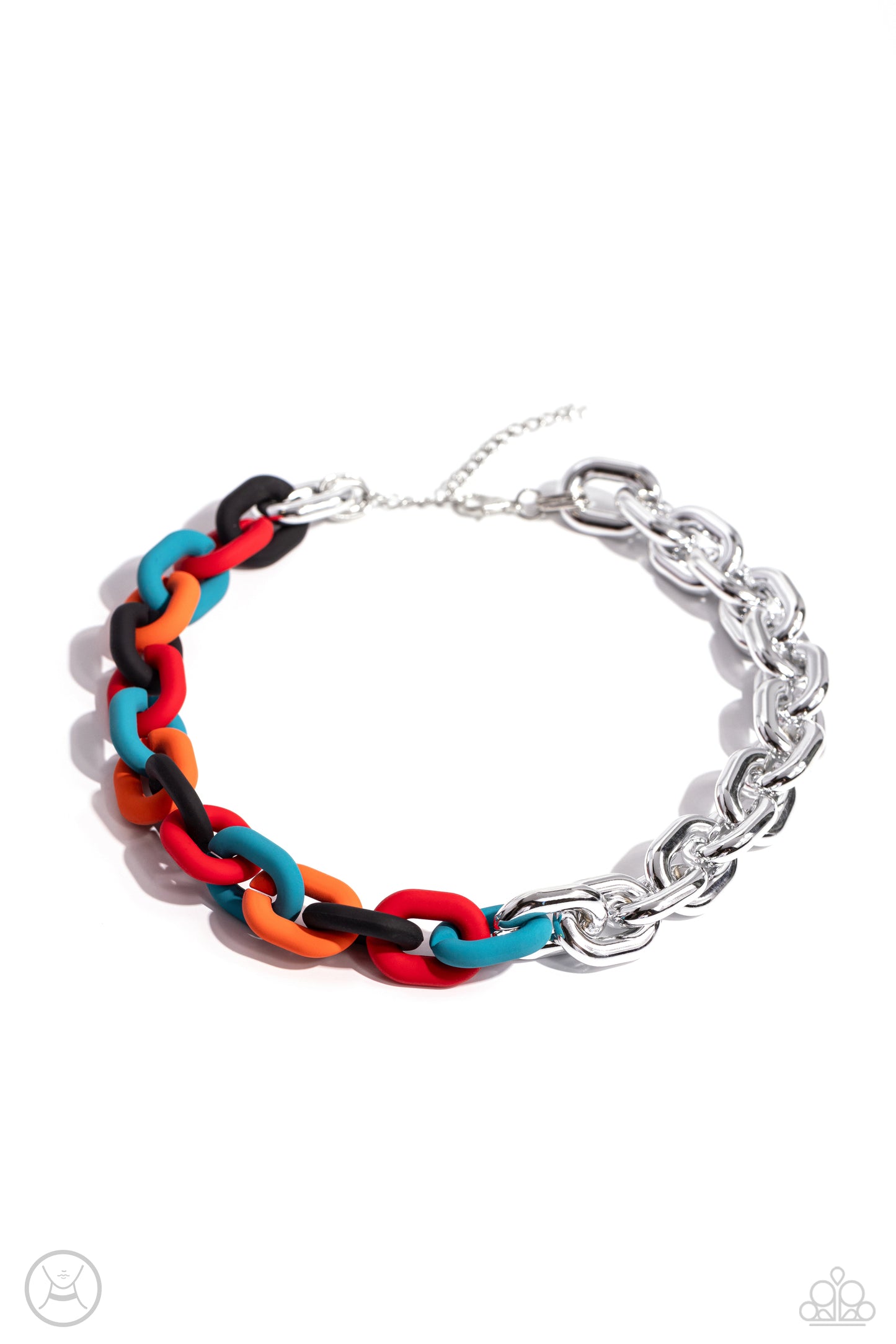 Paparazzi Accessories - Contrasting Couture & Candid Contrast - Black Jewelry Set strand of oversized silver curb chain collides with black, red, turquoise, and orange acrylic curb links to create an abstract blend of grit and color. The oversized links of the colored curb chain offset the high sheen of the silver that lays on the opposite side, perfectly balancing the contrasting design. Features an adjustable clasp closure.  Sold as one individual choker necklace. Includes one pair of matching earrings.