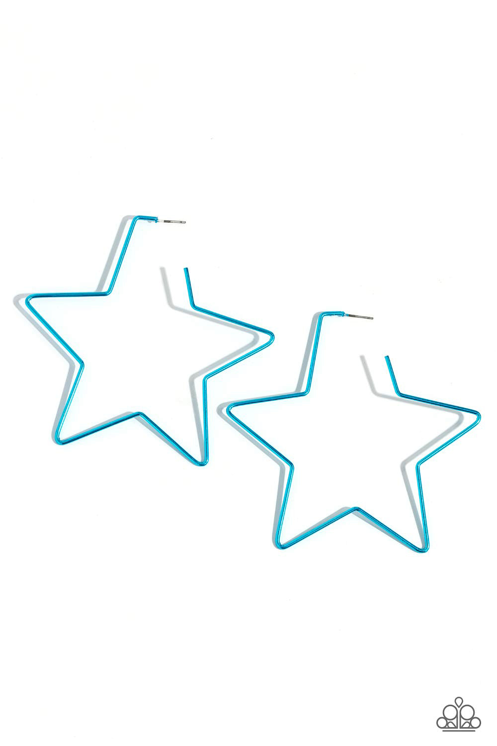 Paparazzi Accessories - Starstruck Secret - Blue Earrings a thin, oversized blue metallic bar delicately folds into a star-shaped hoop, resulting in a stellar statement. Earring attaches to a standard post fitting.  Sold as one pair of hoop earrings.