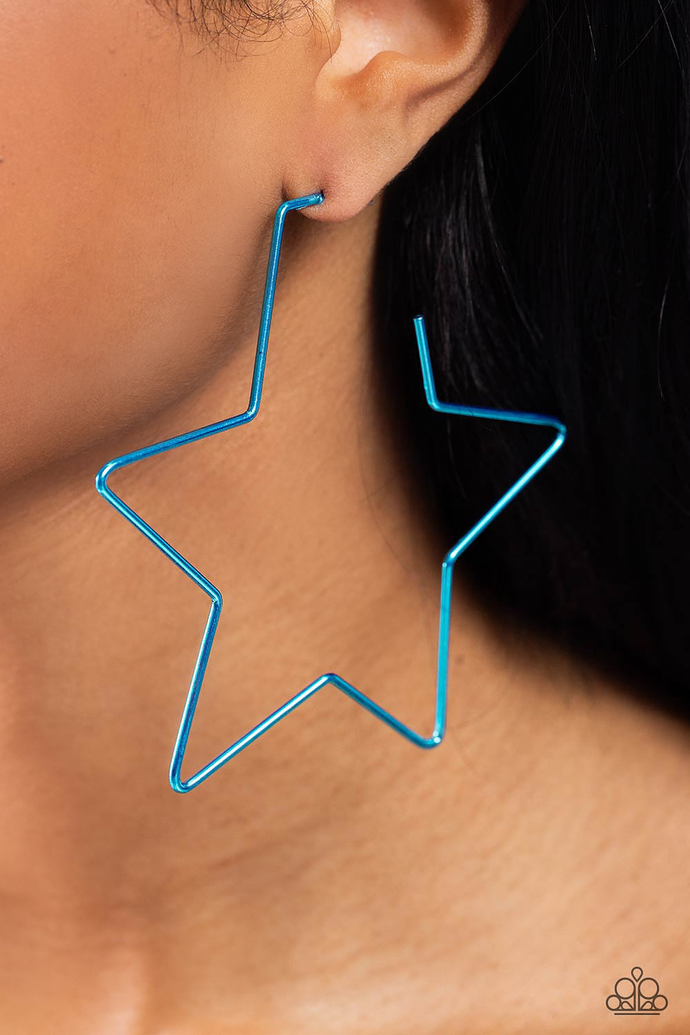 Paparazzi Accessories - Starstruck Secret - Blue Earrings a thin, oversized blue metallic bar delicately folds into a star-shaped hoop, resulting in a stellar statement. Earring attaches to a standard post fitting.  Sold as one pair of hoop earrings.