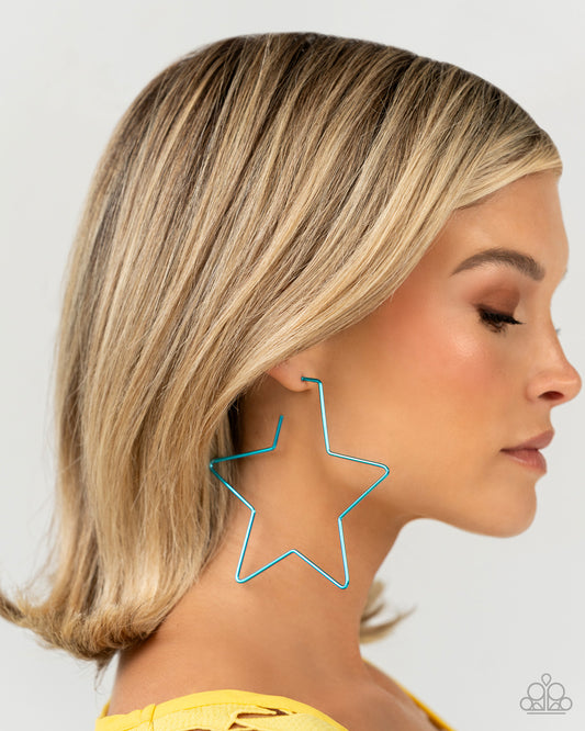 Paparazzi Accessories - Starstruck Secret - Blue Earrings a thin, oversized blue metallic bar delicately folds into a star-shaped hoop, resulting in a stellar statement. Earring attaches to a standard post fitting.  Sold as one pair of hoop earrings.