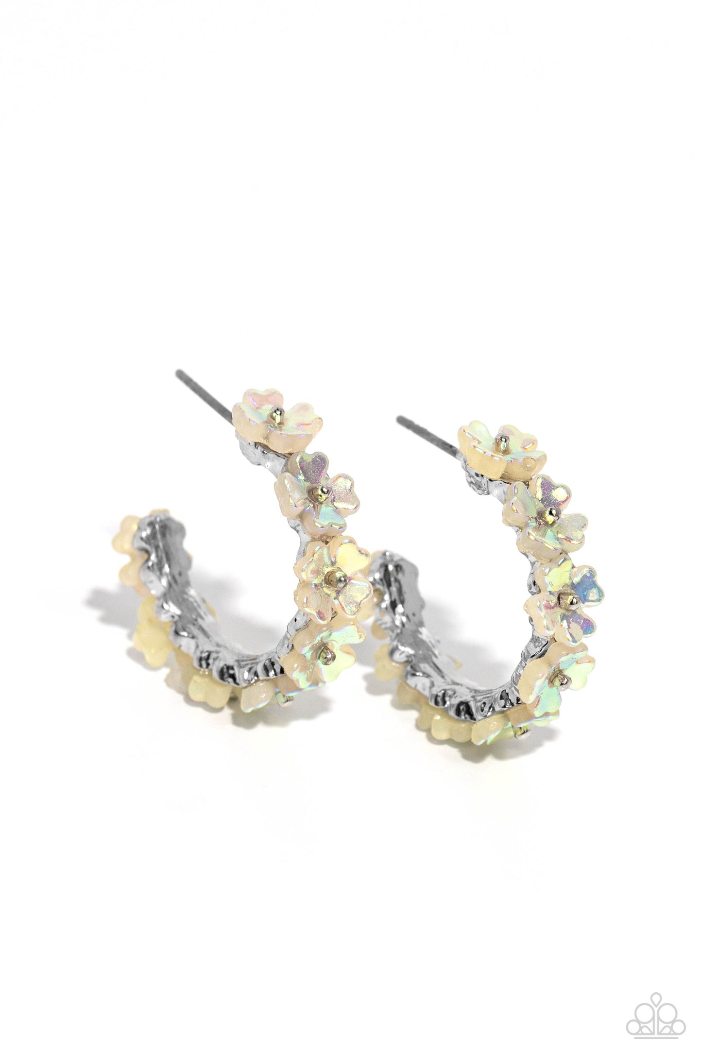 Paparazzi Accessories - Floral Focus - White Earrings tiny white iridescent flowers connect to one another as they wrap around the ear to create a charming, dainty hoop. Earring attaches to a standard post fitting. Hoop measures approximately 3/4" in diameter. Due to its prismatic palette, color may vary. Sold as one pair of hoop earrings.
