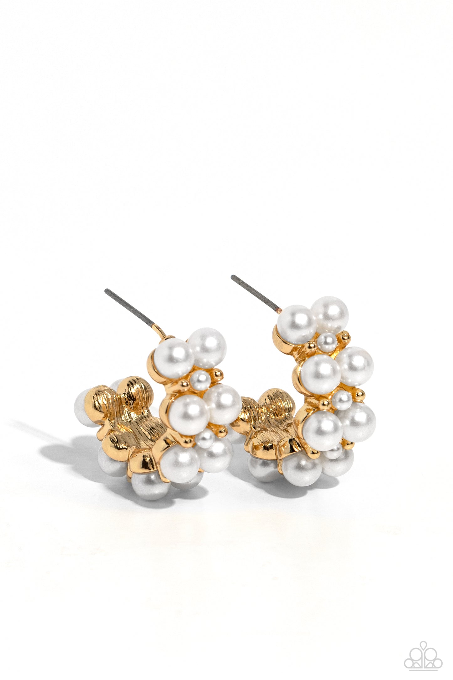 Paparazzi Accessories - White Collar Wardrobe - Gold Eascalloptwo rows of bubbly white pearls stack and form into a scalloped pattern. Daintily curling around the ear, the bubbly effect of the high-sheen gold studs and daintier pearls separating the larger pearls creates a radiant, refined hoop. Earring attaches to a standard post fitting. Hoop measures approximately 1" in diameter.  Sold as one pair of hoop earrings.