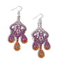 Paparazzi Accessories - Chandelier Command - Multi Earrings three rhinestone-encrusted teardrops drip from the bottom of an ornate decorative frame, creating an elegant fringe. The decorative frame swirls with ombré rhinestones that go from pink to purple to orange shades in varying sizes for a timelessly over-the-top sparkle. Earring attaches to a standard fishhook fitting.  Sold as one pair of earrings.