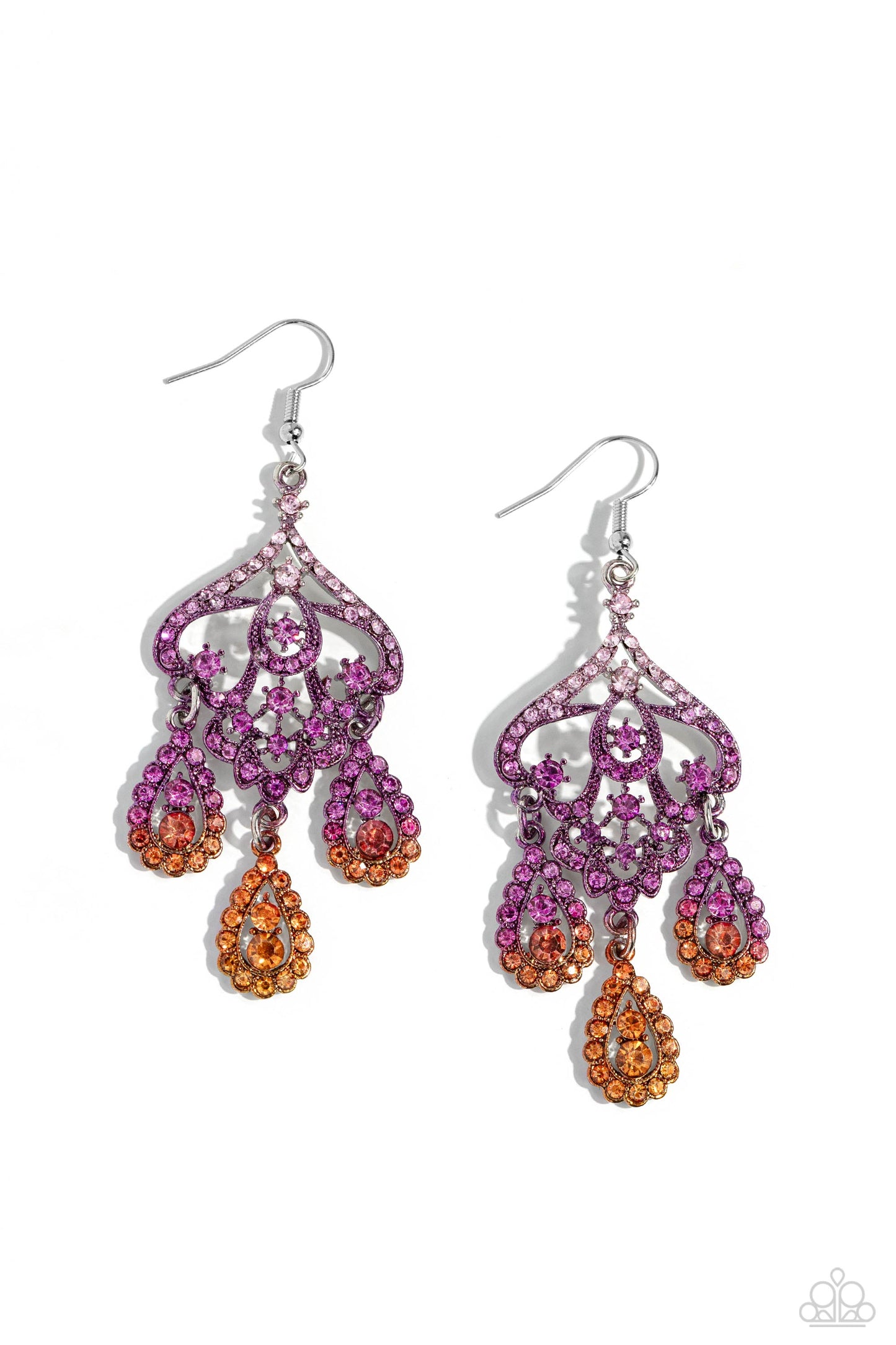 Paparazzi Accessories - Chandelier Command - Multi Earrings three rhinestone-encrusted teardrops drip from the bottom of an ornate decorative frame, creating an elegant fringe. The decorative frame swirls with ombré rhinestones that go from pink to purple to orange shades in varying sizes for a timelessly over-the-top sparkle. Earring attaches to a standard fishhook fitting.  Sold as one pair of earrings.