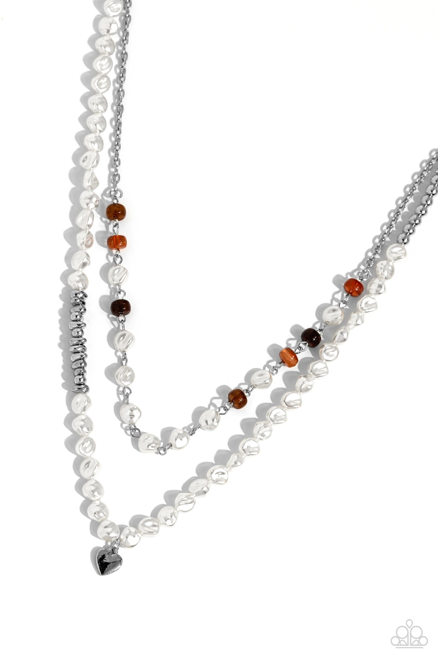 Paparazzi Accessories - Pearl Pact - Brown Necklaces infused with various brown cat's eye discs, a baroque pearl beaded strand gives way to an elongated baroque pearl and silver beaded strand featuring a dainty silver heart pendant for a whimsically layered look. Features an adjustable clasp closure.  Sold as one individual necklace. Includes one pair of matching earrings.