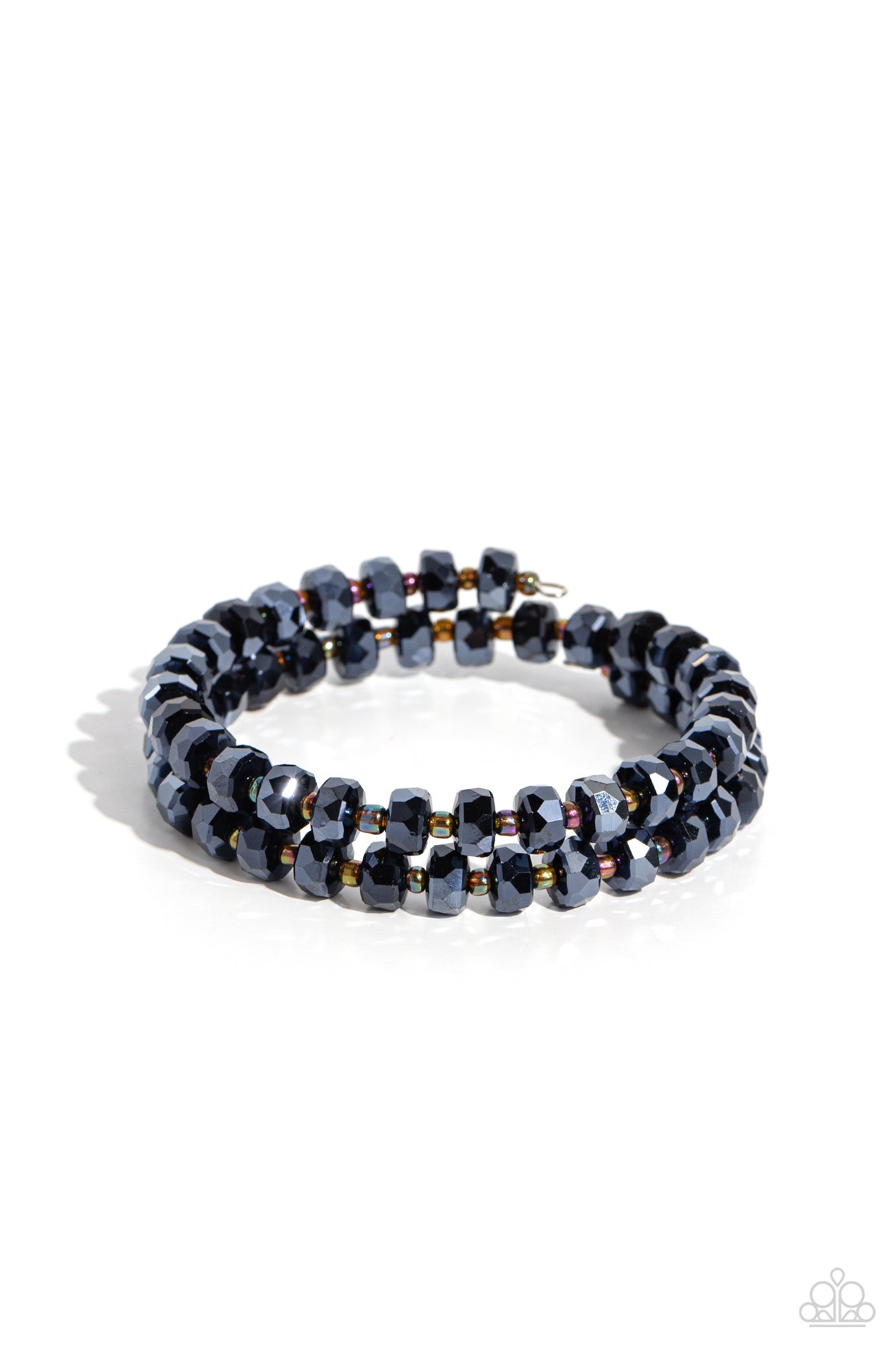 Paparazzi Accessories - Seriously Stellar - Blue Bracelets featuring a faceted shimmer, a glistening collection of faceted metallic blue beads alternate with dainty oil spill studs along a coiled wire, creating a jaw-dropping infinity wrap bracelet around the wrist.  Sold as one individual bracelet.