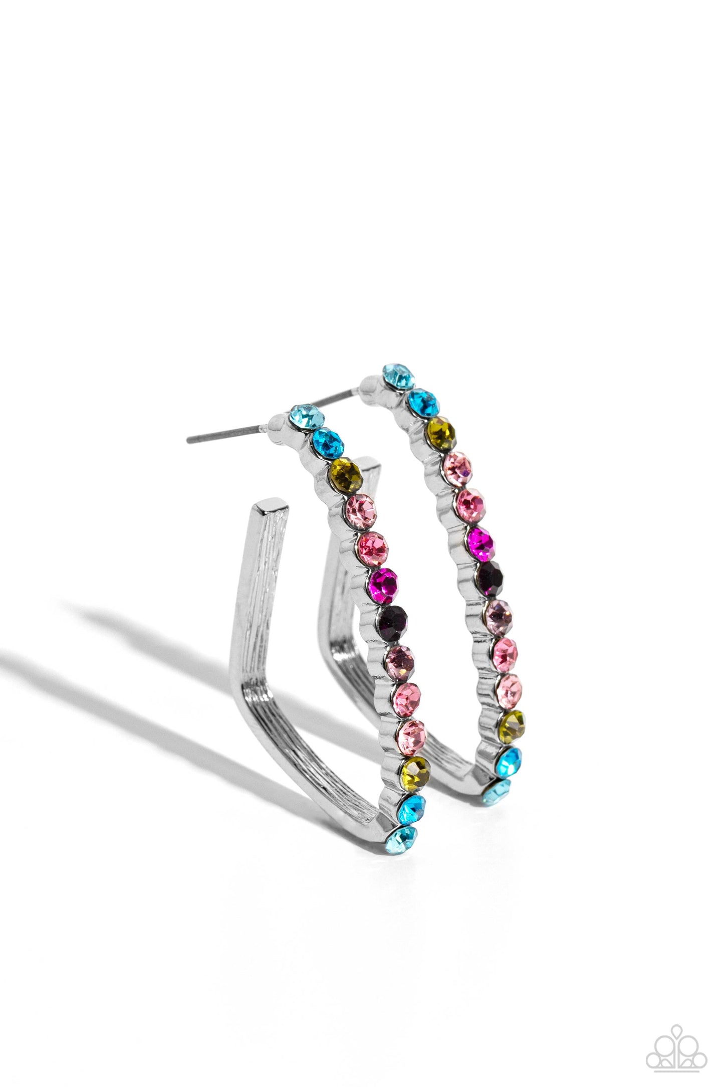 Paparazzi Accessories - Triangular Tapestry - Multi Hoop Earrings the front of a bold silver hoop is encrusted in multicolored rhinestones, creating a sparkly spectrum of color. The multicolored scalloped frame leisurely bends into an airy triangular frame for a geometric motif. Earring attaches to a standard post fitting. Hoop measures approximately 1/2" in diameter.  Sold as one pair of hoop earrings.