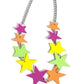 Paparazzi Accessories - Starstruck Season - Multi Star NVisibilitfeaturing various sizes, a collection of Kohlrabi, High Visibility, orange, and Rose Violet stars cascade around the neckline, on a classic silver chain creating an intense, starstruck statement. Features an adjustable clasp closure.  Featured inside The Preview at Made for More! Sold as one individual necklace. Includes one pair of matching earrings.