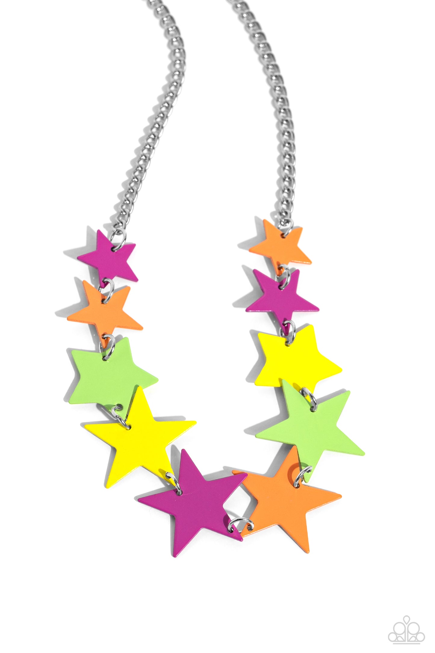 Paparazzi Accessories - Starstruck Season - Multi Star NVisibilitfeaturing various sizes, a collection of Kohlrabi, High Visibility, orange, and Rose Violet stars cascade around the neckline, on a classic silver chain creating an intense, starstruck statement. Features an adjustable clasp closure.  Featured inside The Preview at Made for More! Sold as one individual necklace. Includes one pair of matching earrings.