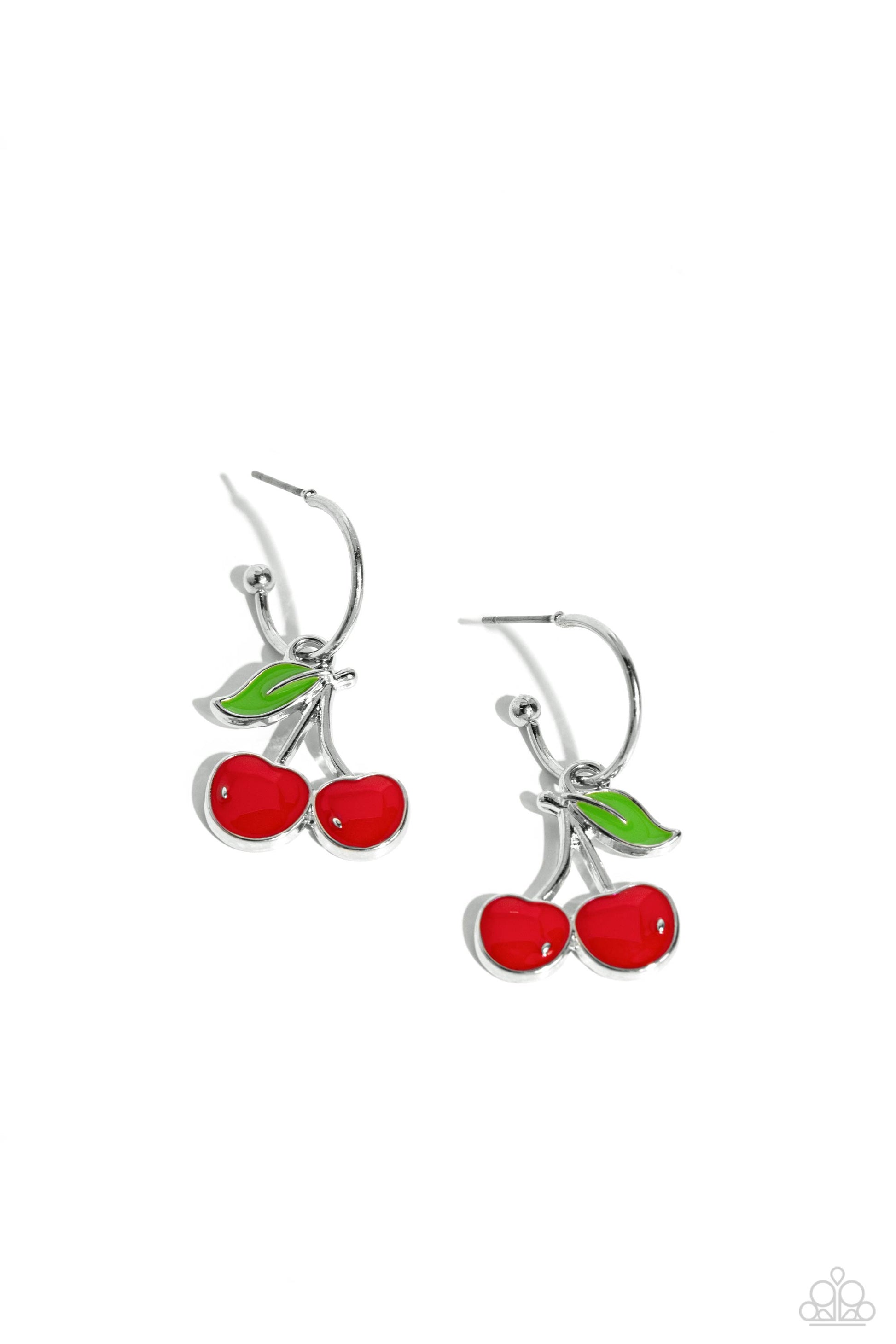 Paparazzi Accessories - Cherry Caliber - Red Earrings a small, skinny, silver hoop curves around the ear, where a silver ball is affixed to create the look of a barbell. Two cherries slide along the hoop, showcasing a vibrant, summer-inspired style. Earring attaches to a standard post fitting. Hoop measure approximately 1/2" in diameter.  Sold as one pair of hoop earrings.