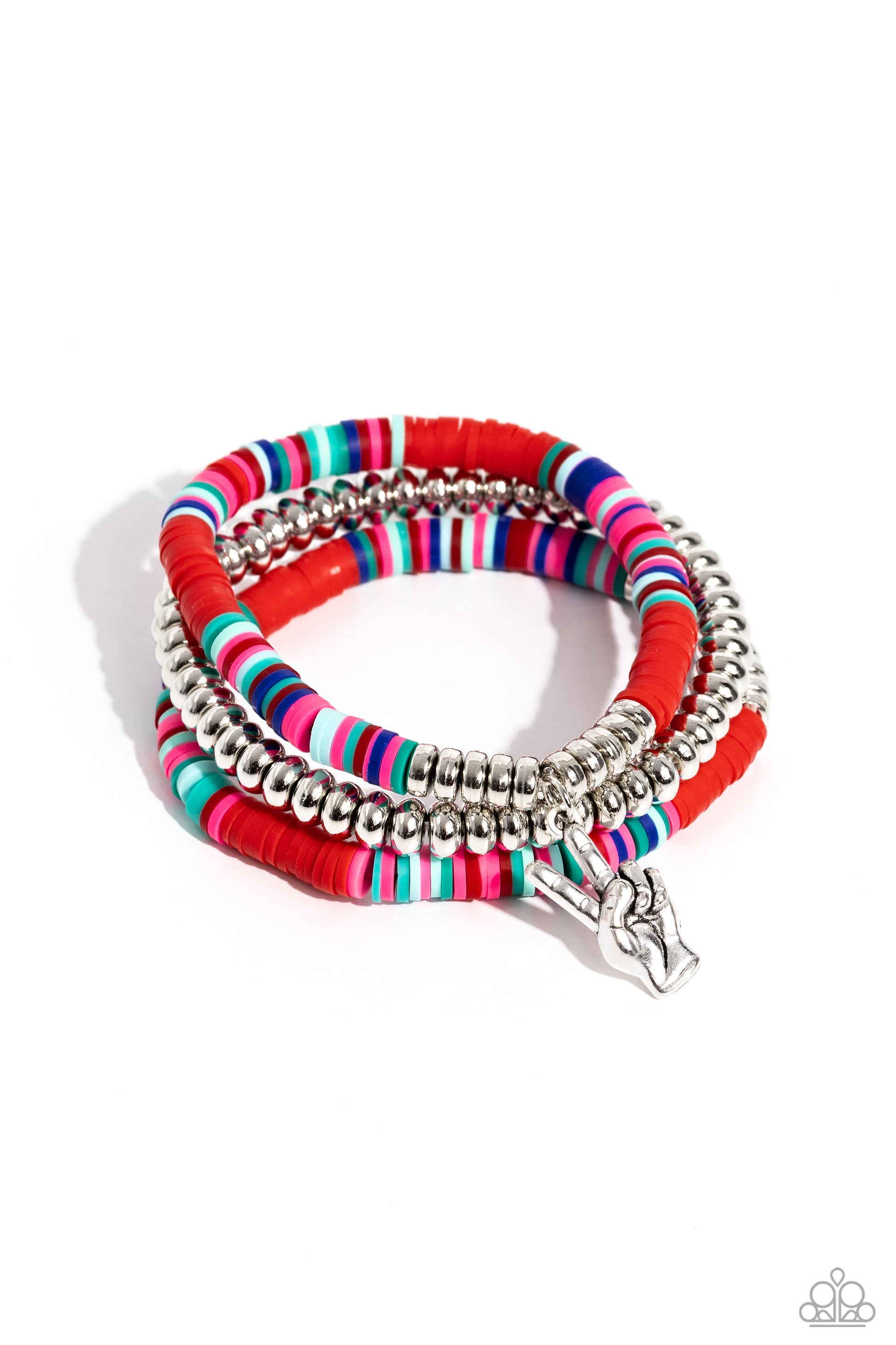 Paparazzi Accessories - Peaceful Potential - Red Bracelets infused along stretchy bands red, pink, green, and various shades of blue rubber discs combine with sporadically placed silver discs and a silver disc strand for a vibrant pop of color along the wrist. A silver peace sign dangles from one of the colorful strands for a youthful finish.  Sold as one set of three bracelets.
