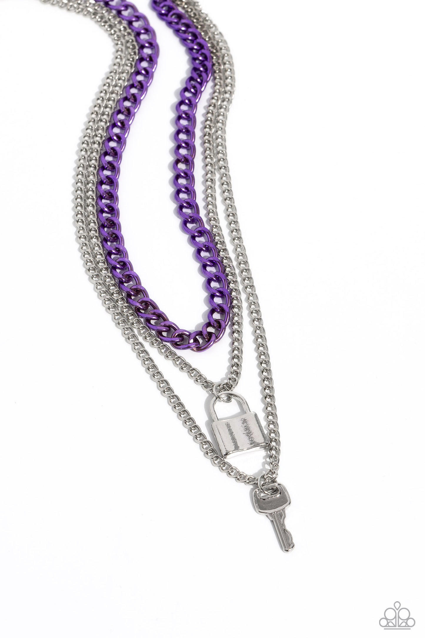 Paparazzi Accessories - Locked Labor - Purple Necklaces a sleek silver lock and silver key trickle from the bottoms of glistening silver chains down the chest, creating industrial layers. A purple curb chain hangs above the pendants for a touch of colorfully gritty sheen. Features an adjustable clasp closure.  Sold as one individual necklace. Includes one pair of matching earrings.