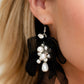 Paparazzi Accessories - Cosmopolitan Charisma - Black Earrings featuring a layered motif, elongated black silk petals are separated by a sprinkle of white gems in silver fittings that mingle with a cluster of dreamy white pearls, creating a high-society fringe. Earring attaches to a standard fishhook fitting.  Sold as one pair of earrings.