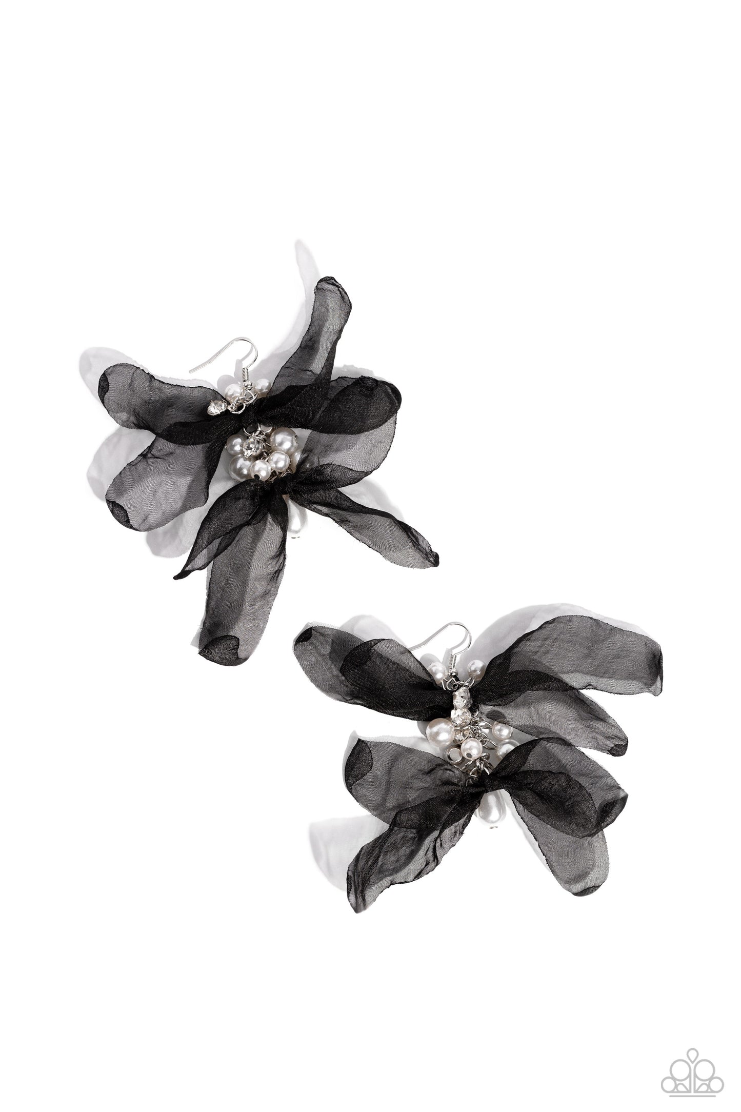 Paparazzi Accessories - Cosmopolitan Charisma - Black Earrings featuring a layered motif, elongated black silk petals are separated by a sprinkle of white gems in silver fittings that mingle with a cluster of dreamy white pearls, creating a high-society fringe. Earring attaches to a standard fishhook fitting.  Sold as one pair of earrings.