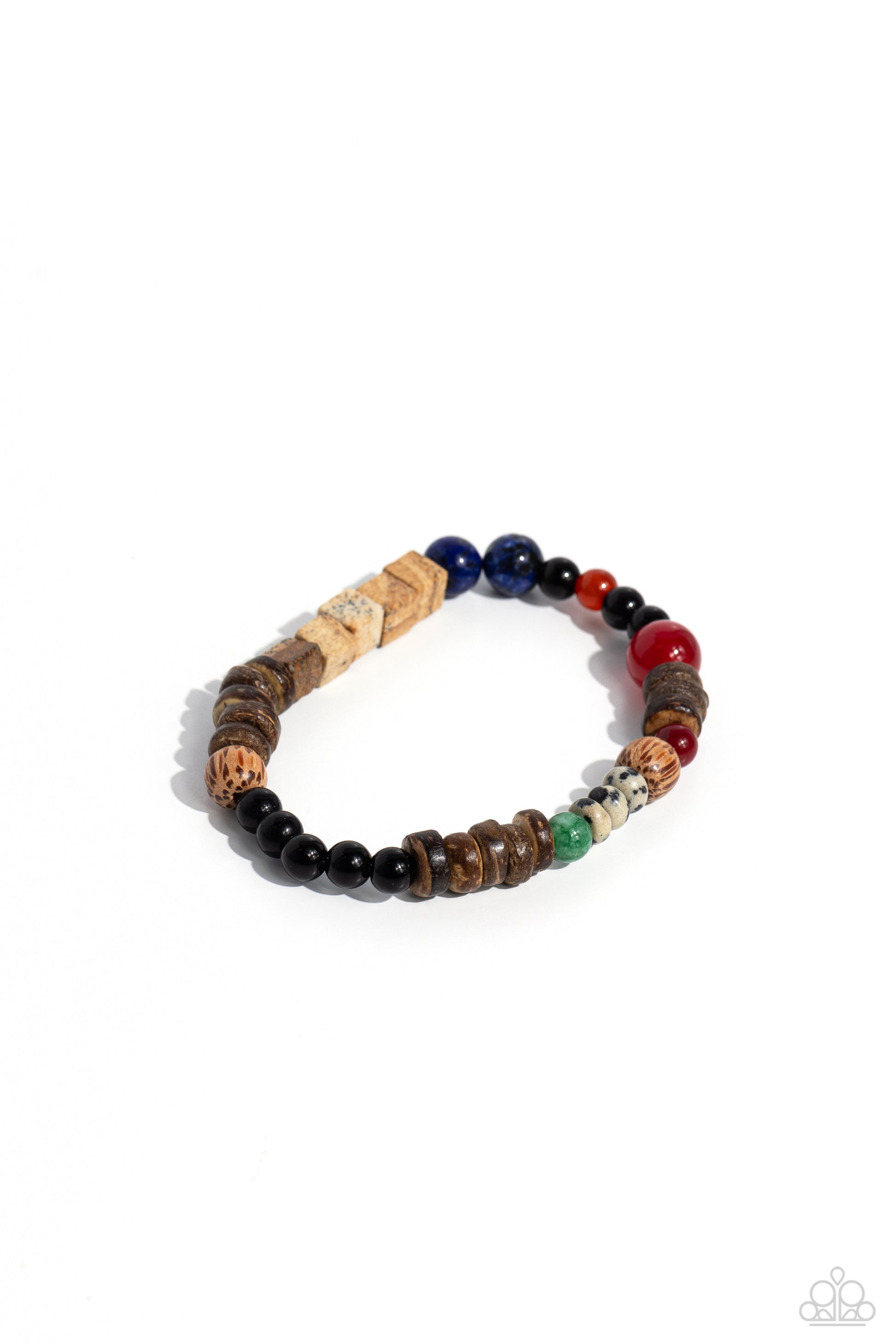 Paparazzi Accessories - I WOOD Be So Lucky - Blue Bracelets infused along a stretchy band around the wrist, a strand of colorful glassy, stone, and acrylic beads joins a spotted collection of wooden beads for a colorfully urban look. As the stone elements in this piece are natural, some color variation is normal.  Sold as one individual bracelet.