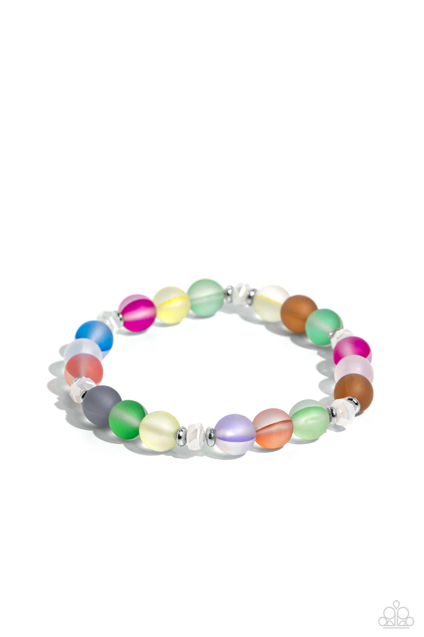 Paparazzi Accessories - Mermaid Mirage - Multi Bracelets infused with silver accents and faceted white beads, a dreamy collection of frosted glassy multicolored beads is threaded along a stretchy band around the wrist for an enchanting glow.  Sold as one individual bracelet.  Order date 10/1/23