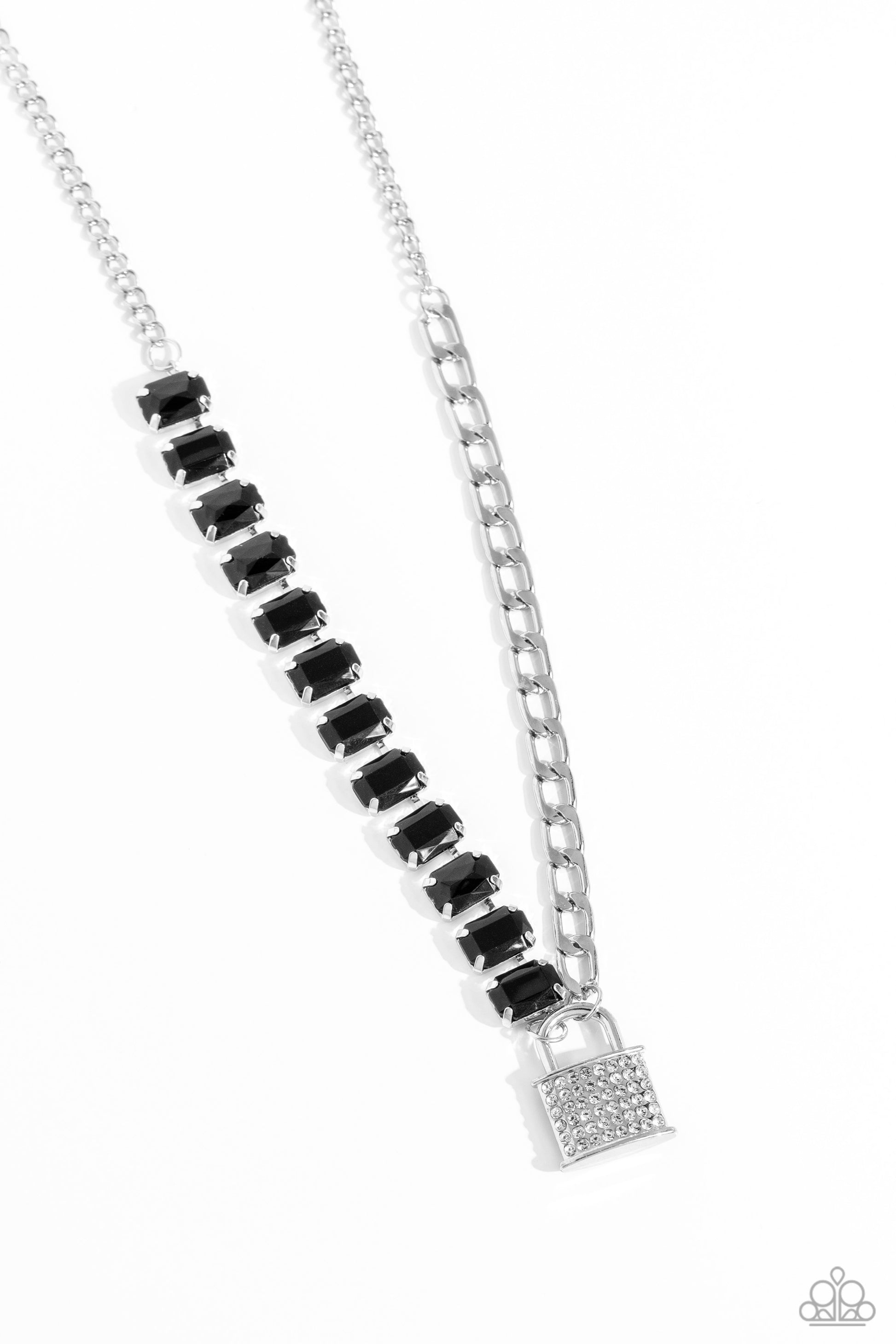 Paparazzi Accessories - LOCK and Roll - Black Necklaces infused on a classic silver chain, a strand of thick silver curb chain, and a collection of exaggerated, black radiant-cut gems in silver pronged fittings combine to create a collision of industrial color around the neckline. An oversized silver lock charm, embossed in white rhinestones, dangles from the gritty display for a touch of soft glitz to the design. Features an adjustable clasp closure. Sold as one individual necklace.