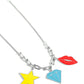 Paparazzi Accessories - Scouting Shapes - Multi Necklace a strand of gleaming silver popcorn chain leads the eye down to a collection of silver horseshoe-like strands that coalesce below the collar. Attached to the horseshoe fittings, an oversized yellow star, turquoise diamond, and red lip charm add a youthful pop of color to the design for a trendy finish. Features an adjustable clasp closure.  Sold as one individual necklace. Includes one pair of matching earrings.