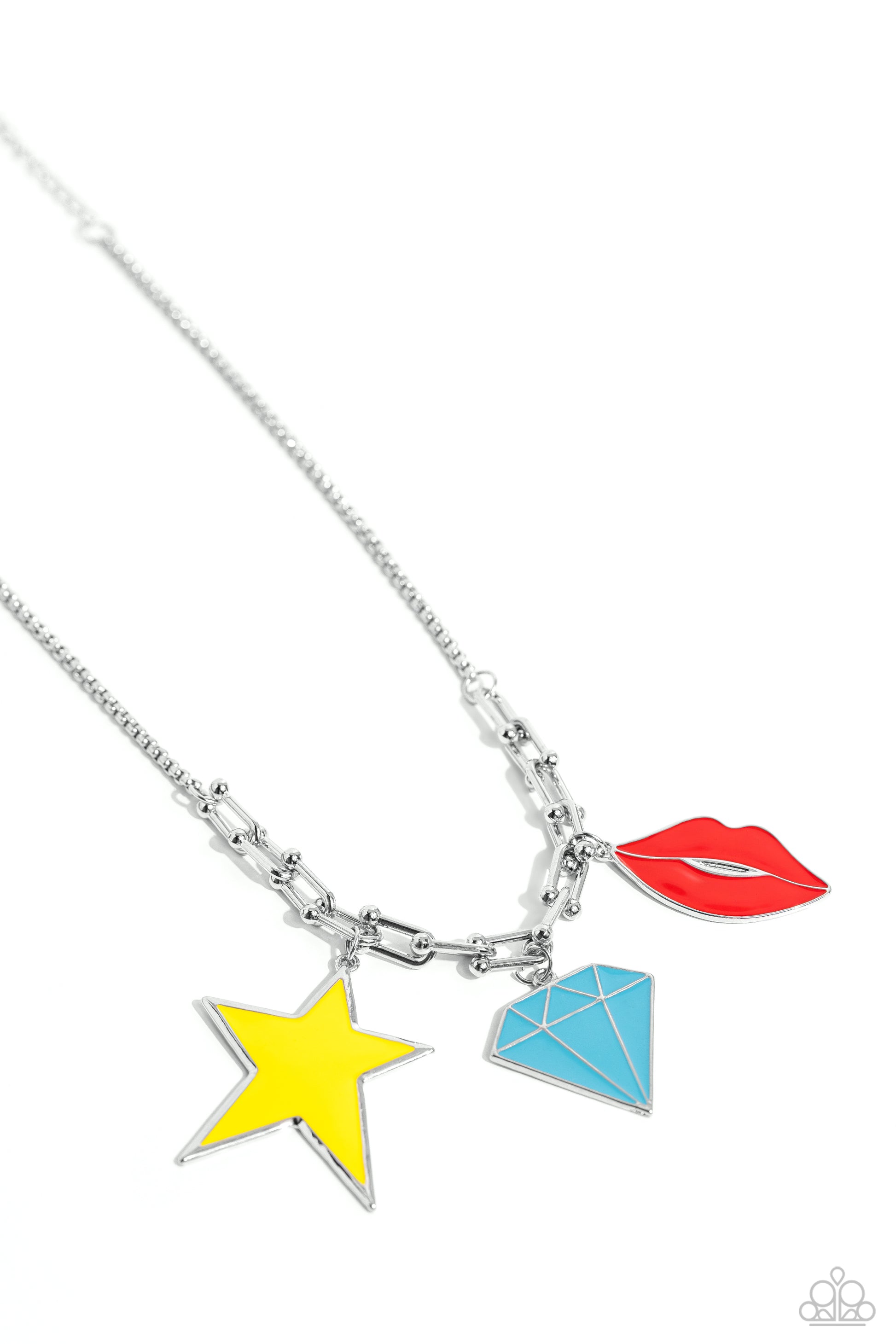 Paparazzi Accessories - Scouting Shapes - Multi Necklace a strand of gleaming silver popcorn chain leads the eye down to a collection of silver horseshoe-like strands that coalesce below the collar. Attached to the horseshoe fittings, an oversized yellow star, turquoise diamond, and red lip charm add a youthful pop of color to the design for a trendy finish. Features an adjustable clasp closure.  Sold as one individual necklace. Includes one pair of matching earrings.