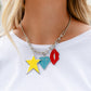 Paparazzi Accessories - Scouting Shapes - Multi Necklace a strand of gleaming silver popcorn chain leads the eye down to a collection of silver horseshoe-like strands that coalesce below the collar. Attached to the horseshoe fittings, an oversized yellow star, turquoise diamond, and red lip charm add a youthful pop of color to the design for a trendy finish. Features an adjustable clasp closure.  Sold as one individual necklace. Includes one pair of matching earrings.