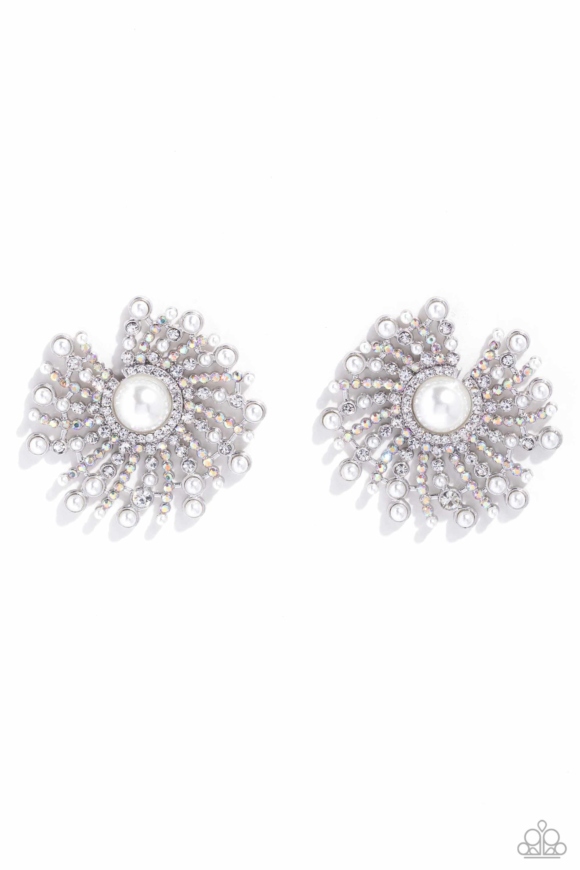 Paparazzi Accessories - Fancy Fireworks - December 2023 Life of the Party White Earrings shimmery strands of silver spin out from a white pearly center, creating an exaggerated firework-like display at the ear. An explosion of dainty iridescent rhinestones, dainty white pearls, and white rhinestones lines the swirls and curves of the shimmery display, creating an eye-catching display. Earring attaches to a standard post fitting. Due to its prismatic palette, color may vary.