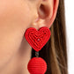 Paparazzi Accessories - Spherical Sweethearts - Red Earrings featuring a red pearl center, a red seed bead heart frame gives way to strands of red seed beads that decoratively spin around a spherical frame, resulting in a colorful three-dimensional display. Earring attaches to a standard post fitting.  Sold as one pair of post earrings.