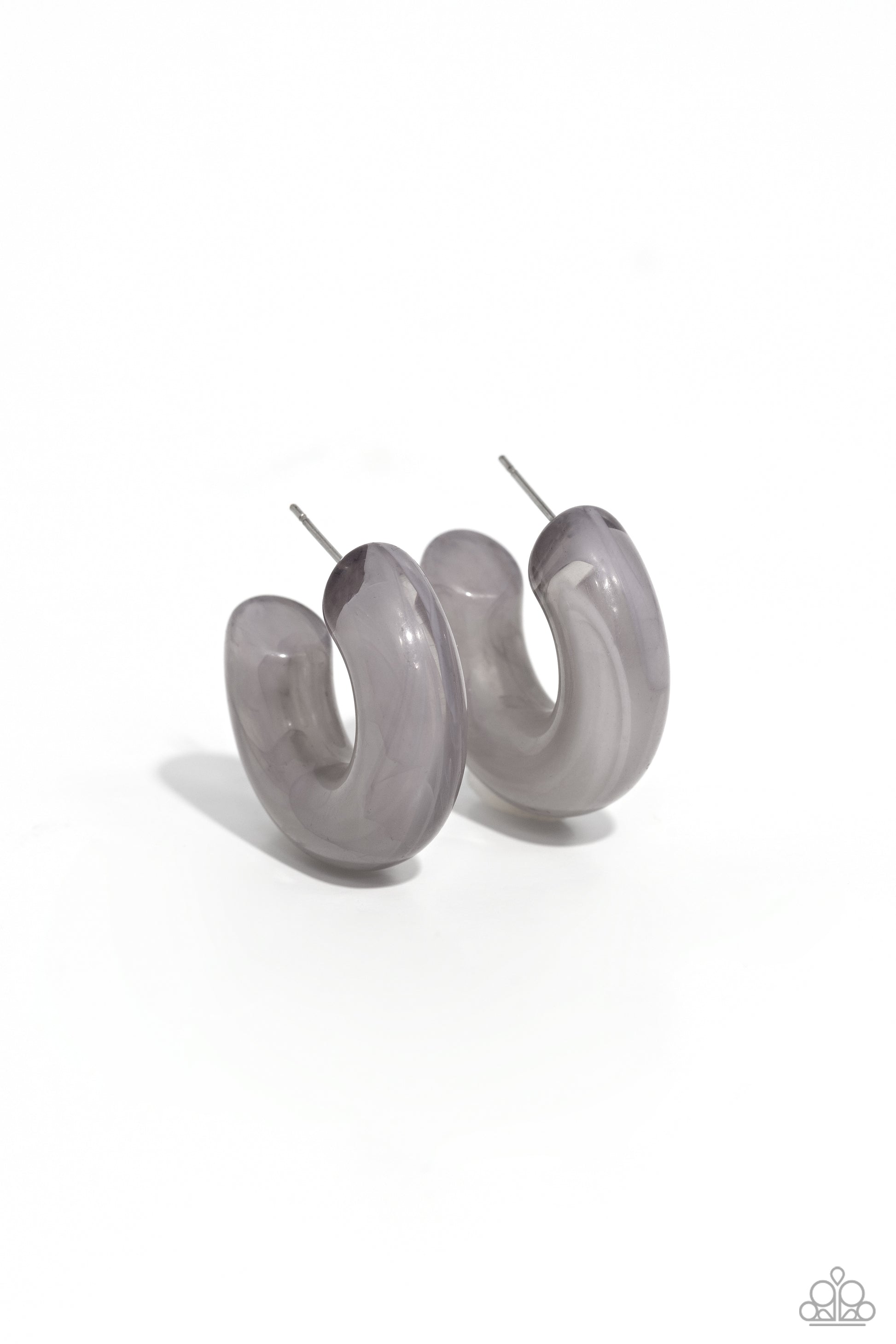 Paparazzi Accessories - Acrylic Acclaim - Silver Hoop Earrings featuring a milky accent, thick gray acrylic frames snugly loop and curl just below the ear for a fashionable finish. Earring attaches to a standard post fitting. Hoop measures approximately 1" in diameter.  Sold as one pair of hoop earrings.