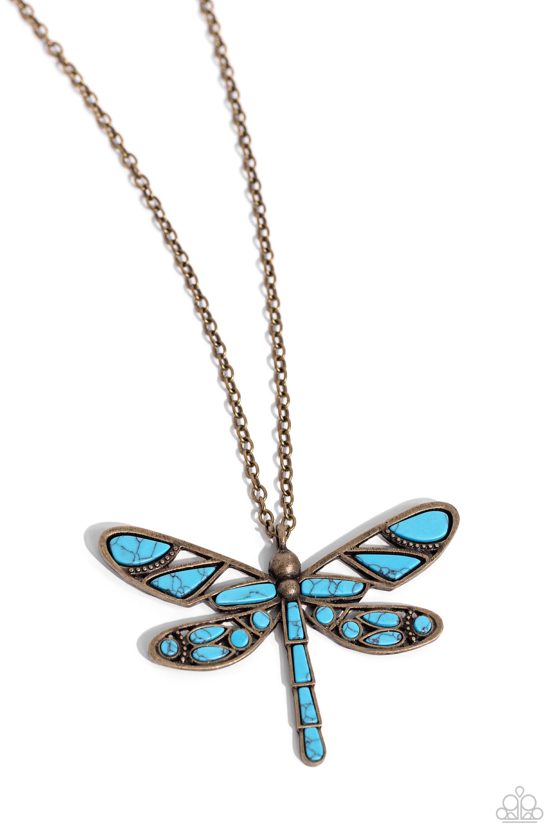 Paparazzi Accessories - Flying Low - Brass Necklaces featuring a classic brass chain, various cuts of turquoise stone are passed into an oversized, airy brass dragonfly pendant for a rustically earthy centerpiece. Features an adjustable clasp closure. As the stone elements in this piece are natural, some color variation is normal.  Sold as one individual necklace. Includes one pair of matching earrings.