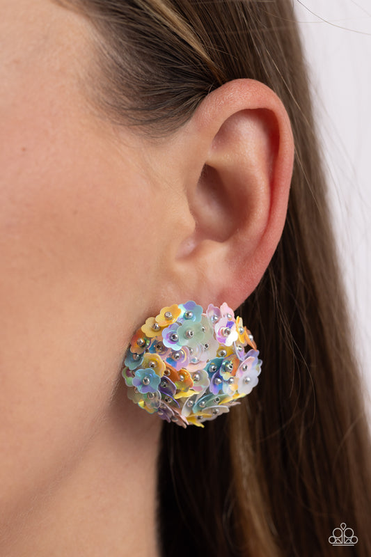 Paparazzi Accessories - Corsage Character - Multi Earrings featuring a light iridescent sheen, a collection of multicolored flowers with silver stud centers explode around the ear to create a whimsical bouquet-inspired statement. Earring attaches to a standard post fitting.  Sold as one pair of post earrings.