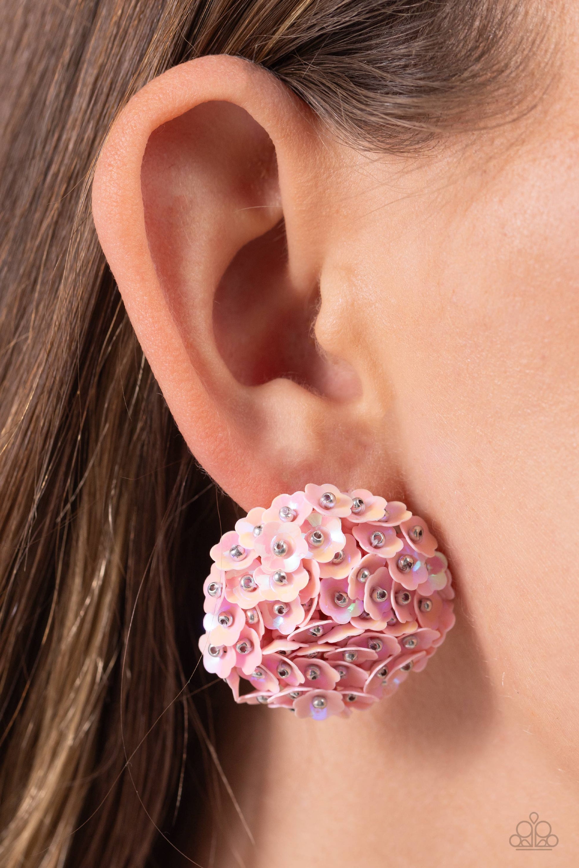 Paparazzi Accessories - Corsage Character - Pink Earrings featuring a light iridescent sheen, light pink flowers with silver stud centers explode around the ear to create a whimsical bouquet-inspired statement. Earring attaches to a standard post fitting.  Sold as one pair of post earrings.