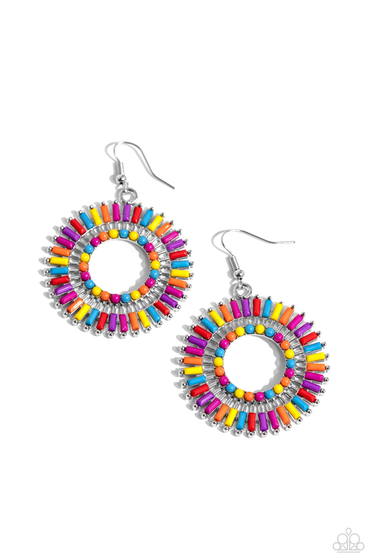 Paparazzi Accessories - Ferris Wheel Finale - Multi Earrings featuring bright red, purple, yellow, orange, Rose Violet, and turquoise colors, round beads adorn the inner circle of a whimsical silver studded frame, while emerald-cut beads in the same shades encrust along the outer curve of the hoop for a spinning display of color. Earring attaches to a standard fishhook fitting.  Sold as one pair of earrings.