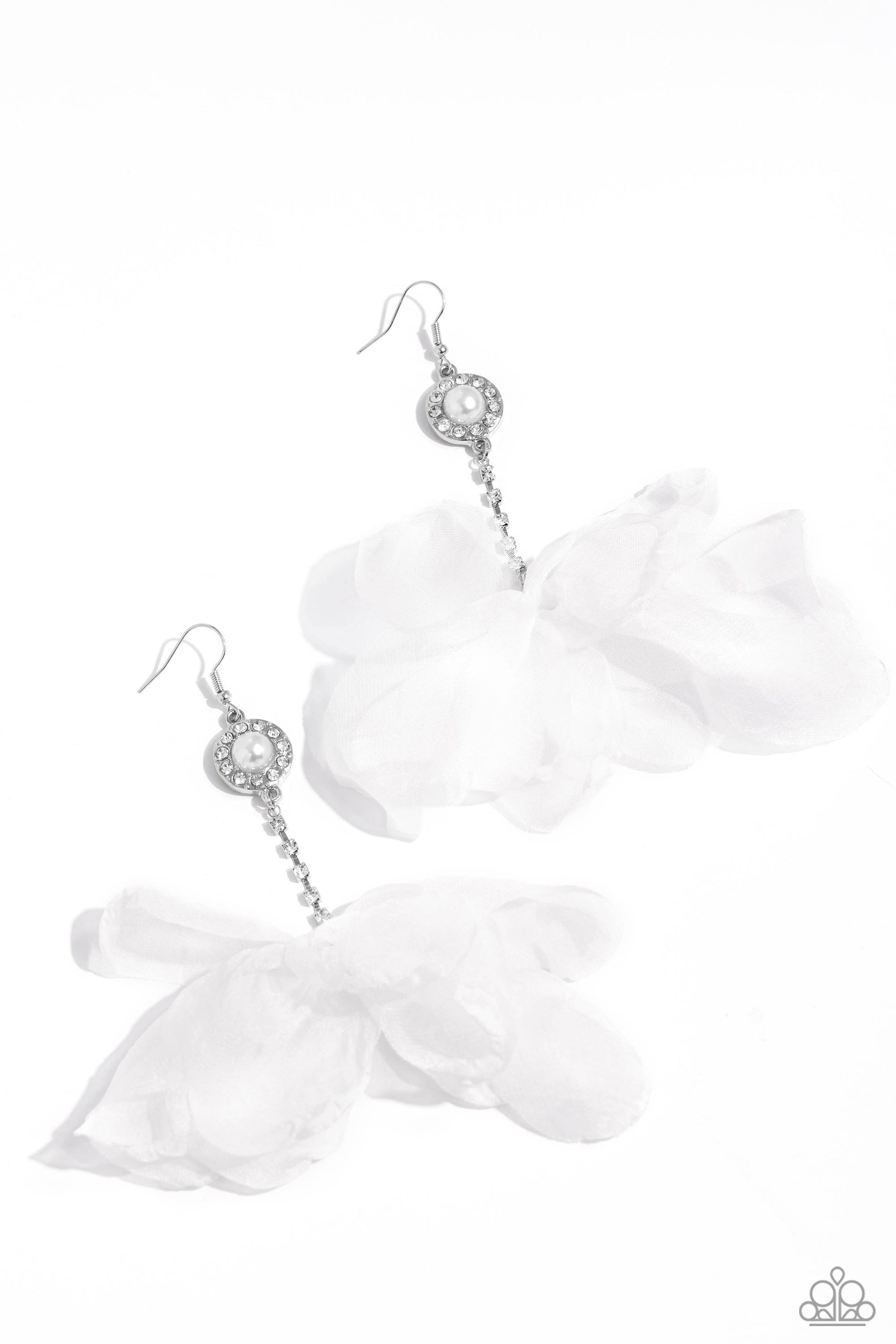 Paparazzi Accessories - Seriously Sheer - White Earrings a sheer, white chiffon bow is tied to the bottom of a rhinestone-encrusted silver square-fitting rod that is attached to a dainty white rhinestone-encrusted pearly pendant for a refined finish. Earring attaches to a standard fishhook fitting.  Sold as one pair of earrings.