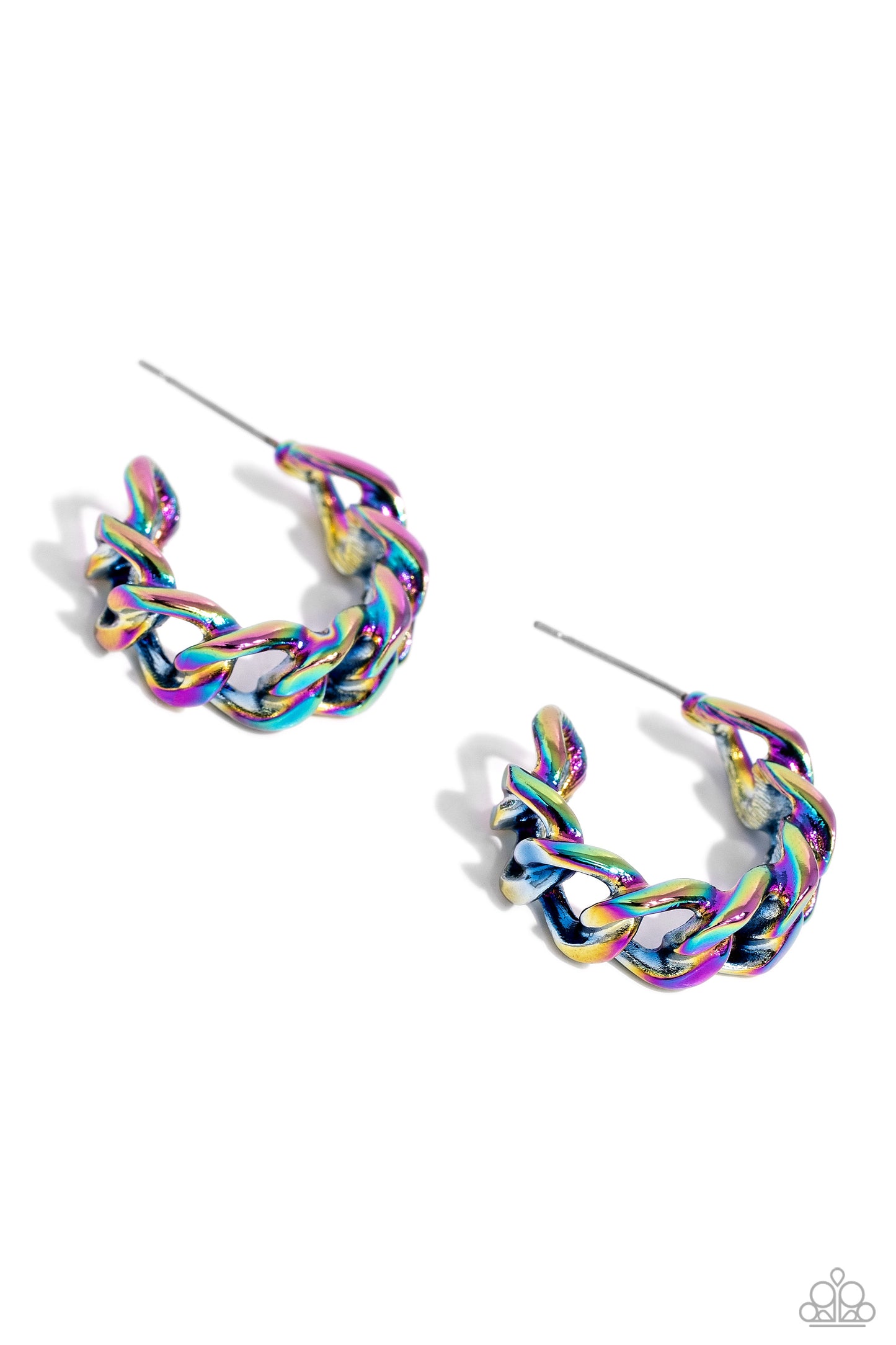 Paparazzi Accessories - Casual Confidence - Multi Hoop Earrings brushed in a oil spill finish, a textured strand of curb chain curls around the ear for an industrially casual look. Earring attaches to a standard post fitting. Hoop measures 1" in diameter.  Sold as one pair of hoop earrings.