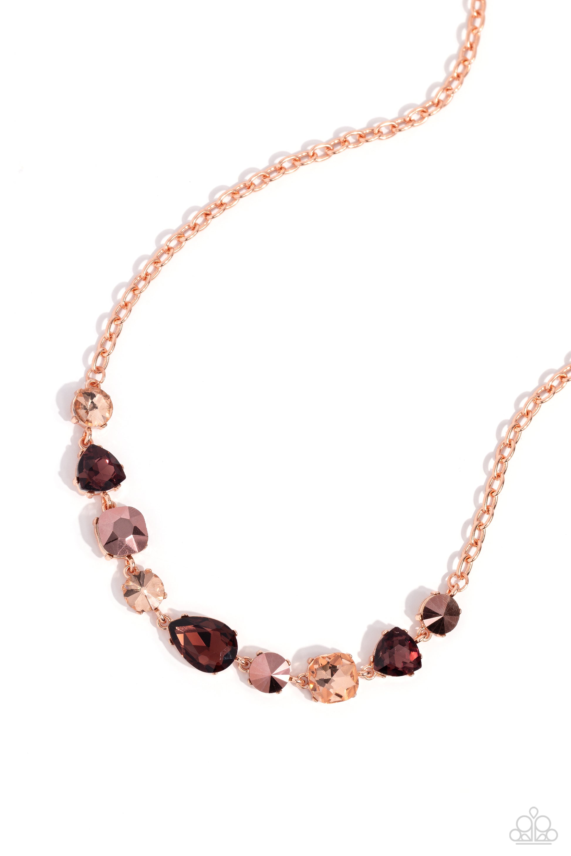 Paparazzi Accessories - Emphatic Edge - Copper Necgeometrset in shiny copper-pronged fittings, glittering geometric copper aurum, topaz, and peachy gem and acrylic shapes delicately coalesce around the collar on a sleek shiny copper chain for an edgy statement. Features an adjustable clasp closure.  Sold as one individual necklace. Includes one pair of matching earrings.  Order date 11/1/23