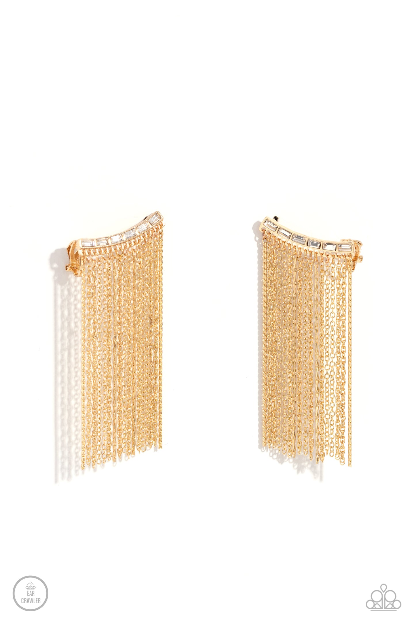 Paparazzi Accessories - Feuding Fringe - Gold Earrings a tapered fringe of mismatched dainty gold chains cascades from the edge of a curving white emerald-cut gem-encrusted frame, creating an edgy centerpiece atop the ear. Features an extended post fitting that climbs the back of the ear and can be pressed together for a more secure fit.  Sold as one pair of ear crawlers.