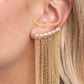 Paparazzi Accessories - Feuding Fringe - Gold Earrings a tapered fringe of mismatched dainty gold chains cascades from the edge of a curving white emerald-cut gem-encrusted frame, creating an edgy centerpiece atop the ear. Features an extended post fitting that climbs the back of the ear and can be pressed together for a more secure fit.  Sold as one pair of ear crawlers.