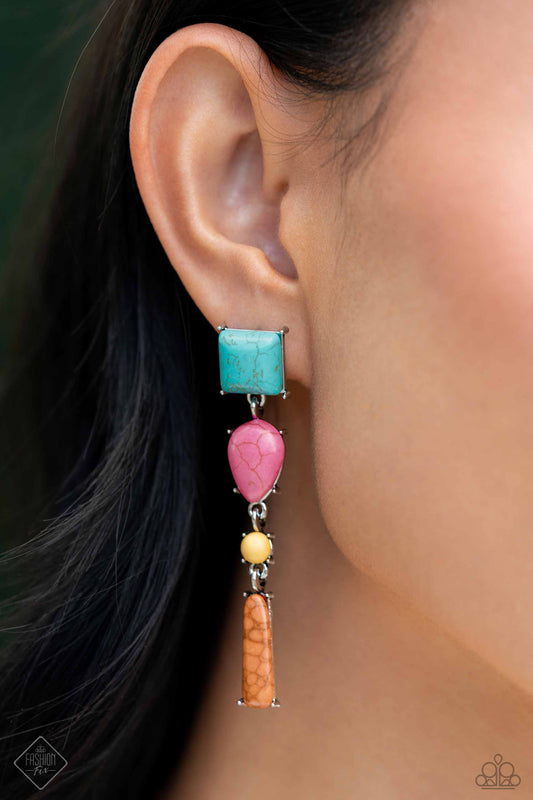 <p>Paparazzi Accessories - Saharan Sabbatical - Blue Earrings featuring square, teardrop, round, and skinny rectangular cuts, marbled turquoise, pink, yellow, and brown stones are encased in pronged silver fittings as they delicately link into a colorfully earthy lure. Earring attaches to a standard post fitting. As the stone elements in this piece are natural, some color variation is normal.</p> <p><i>Sold as one pair of post earrings.</i></p>